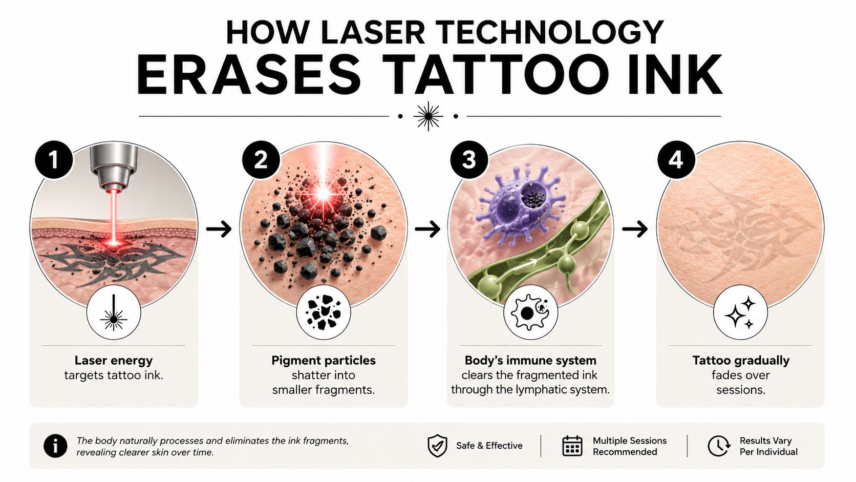 An infographic illustrating the four-step process of how laser technology breaks down and removes tattoo ink.