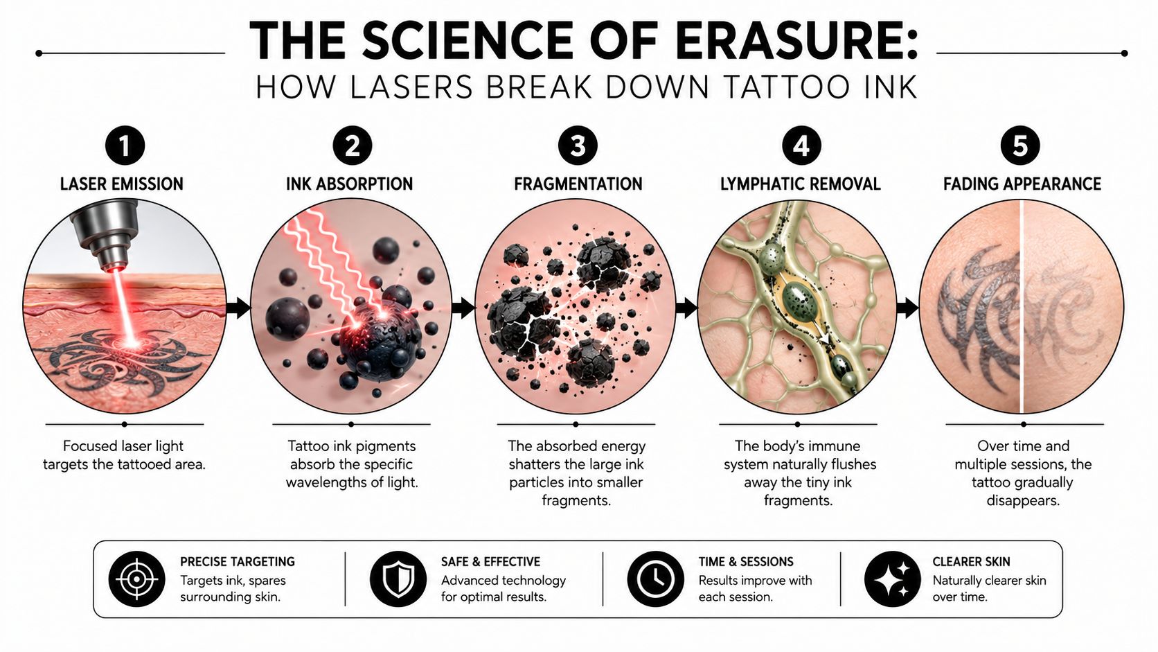 A five-step infographic showing how laser tattoo removal breaks down ink particles within the skin layers.
