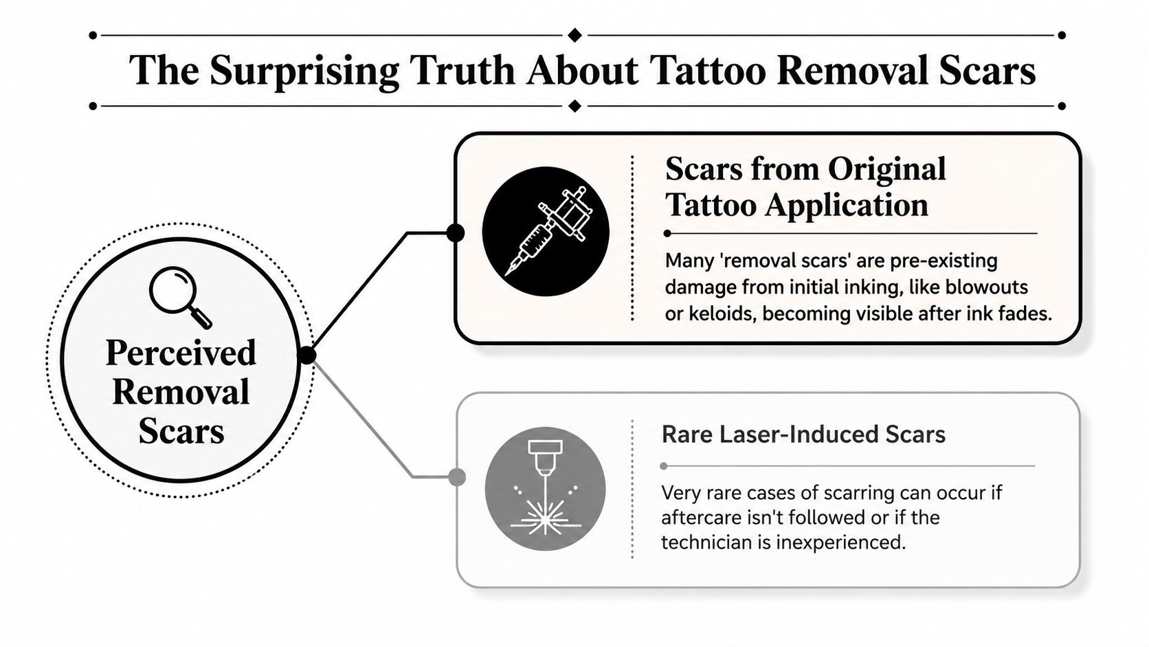 An infographic explaining the origins of scars perceived to be caused by laser tattoo removal procedures.
