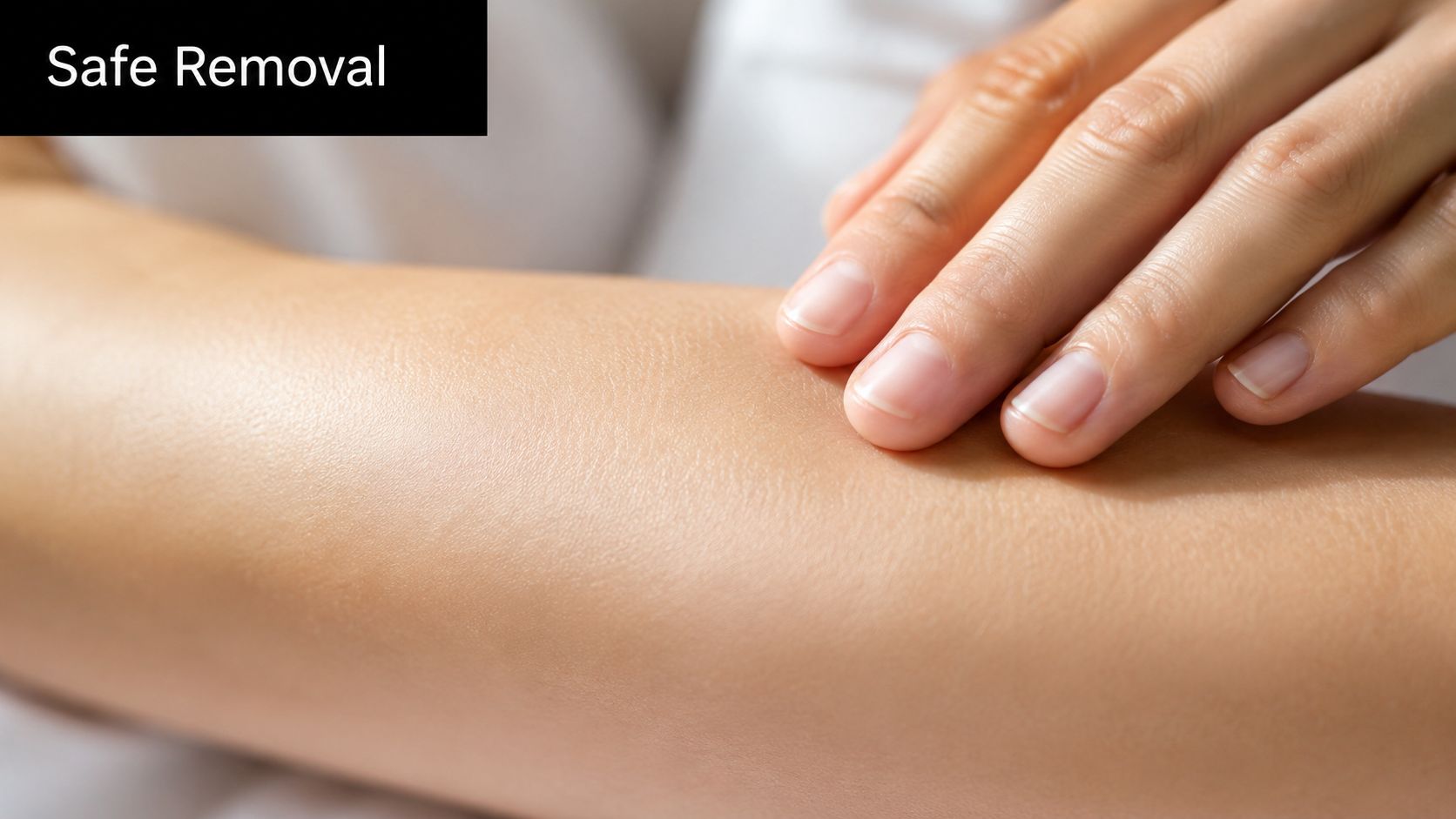 A close up view of a person's hand gently touching smooth, clear, and healthy skin on their arm.