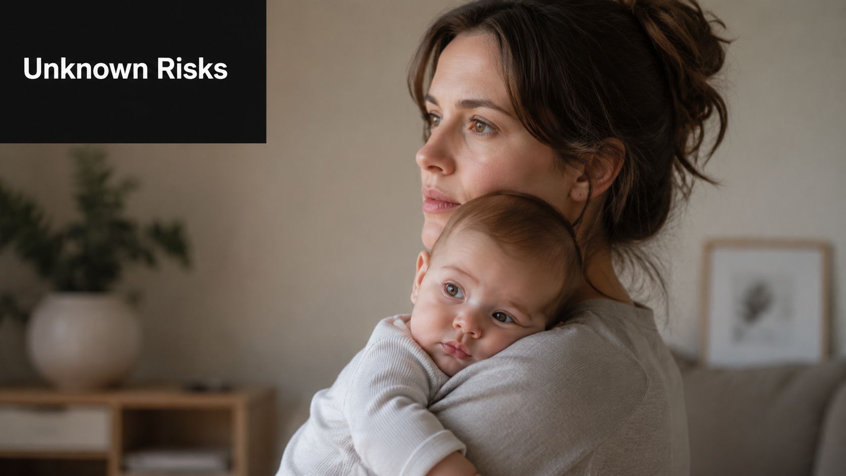 A concerned mother holding her baby close, contemplating the potential implications of medical treatments while breastfeeding.