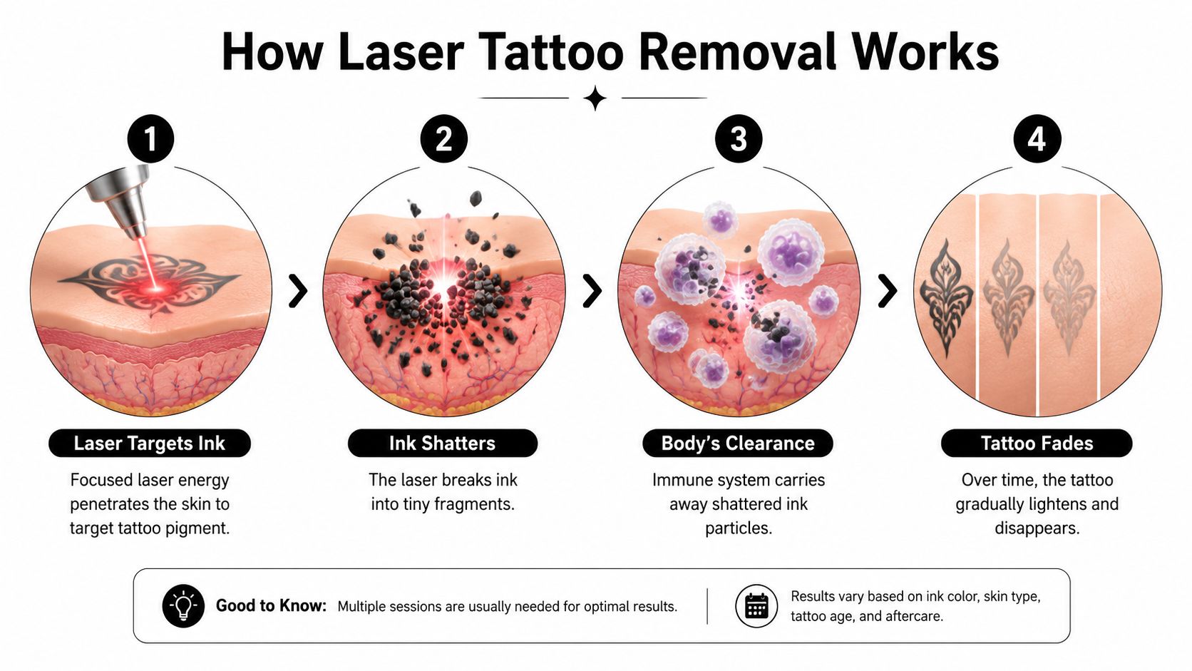 A four-step diagram illustrating the process of laser tattoo removal from the skin.