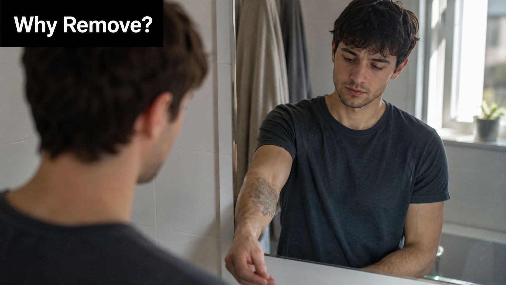 A young man looking at his forearm tattoo in a bathroom mirror reflecting on removal options.