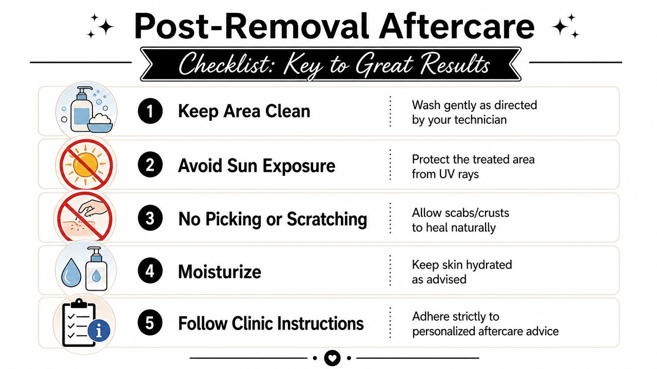 A five-step instructional checklist infographic for effective post-removal aftercare of permanent makeup treatments.