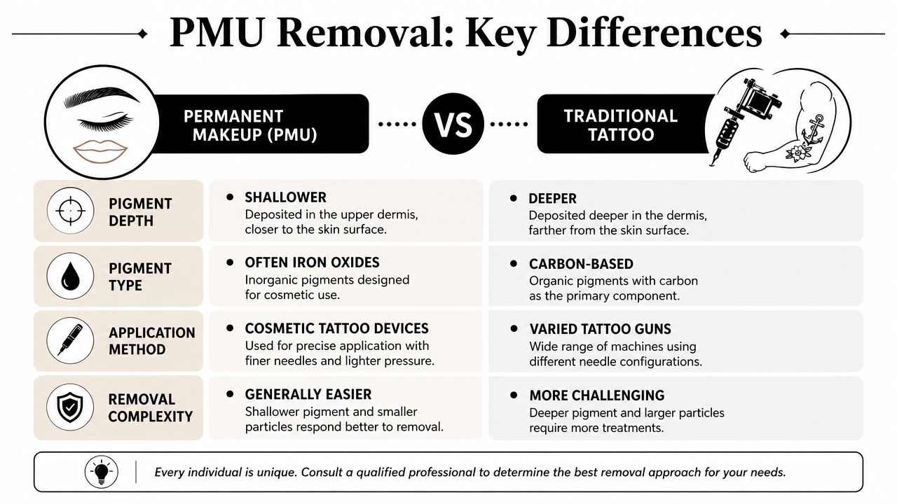Comparison infographic showing key differences between permanent makeup and traditional tattoo removal methods and characteristics.