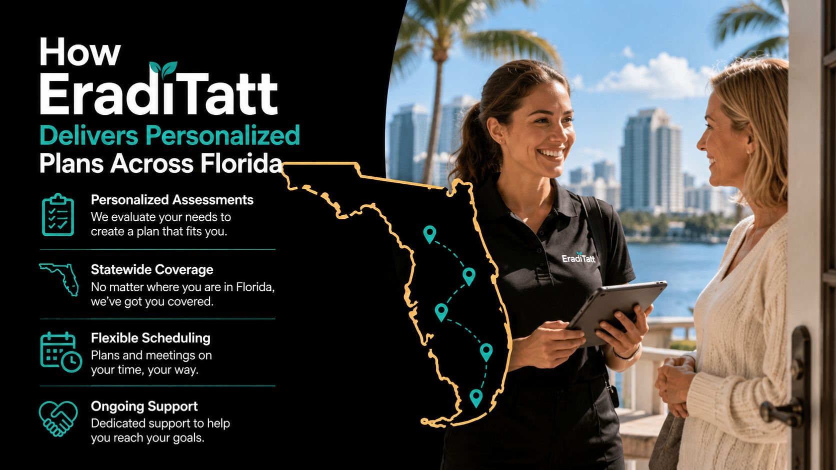 A professional EradiTatt representative discusses personalized treatment plans with a client in a bright outdoor setting.