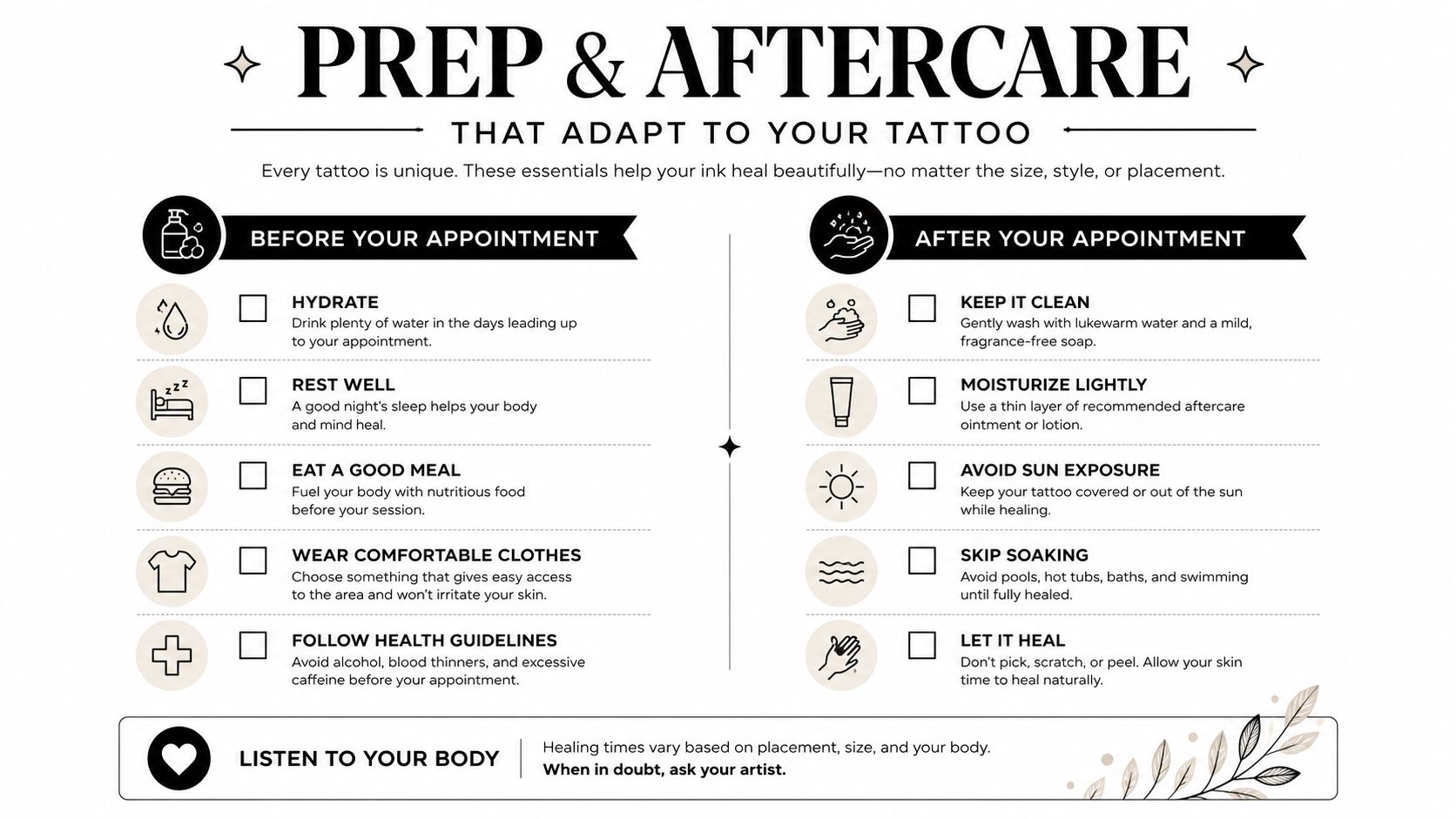 An infographic checklist for tattoo prep and aftercare instructions to ensure proper healing and skin safety.