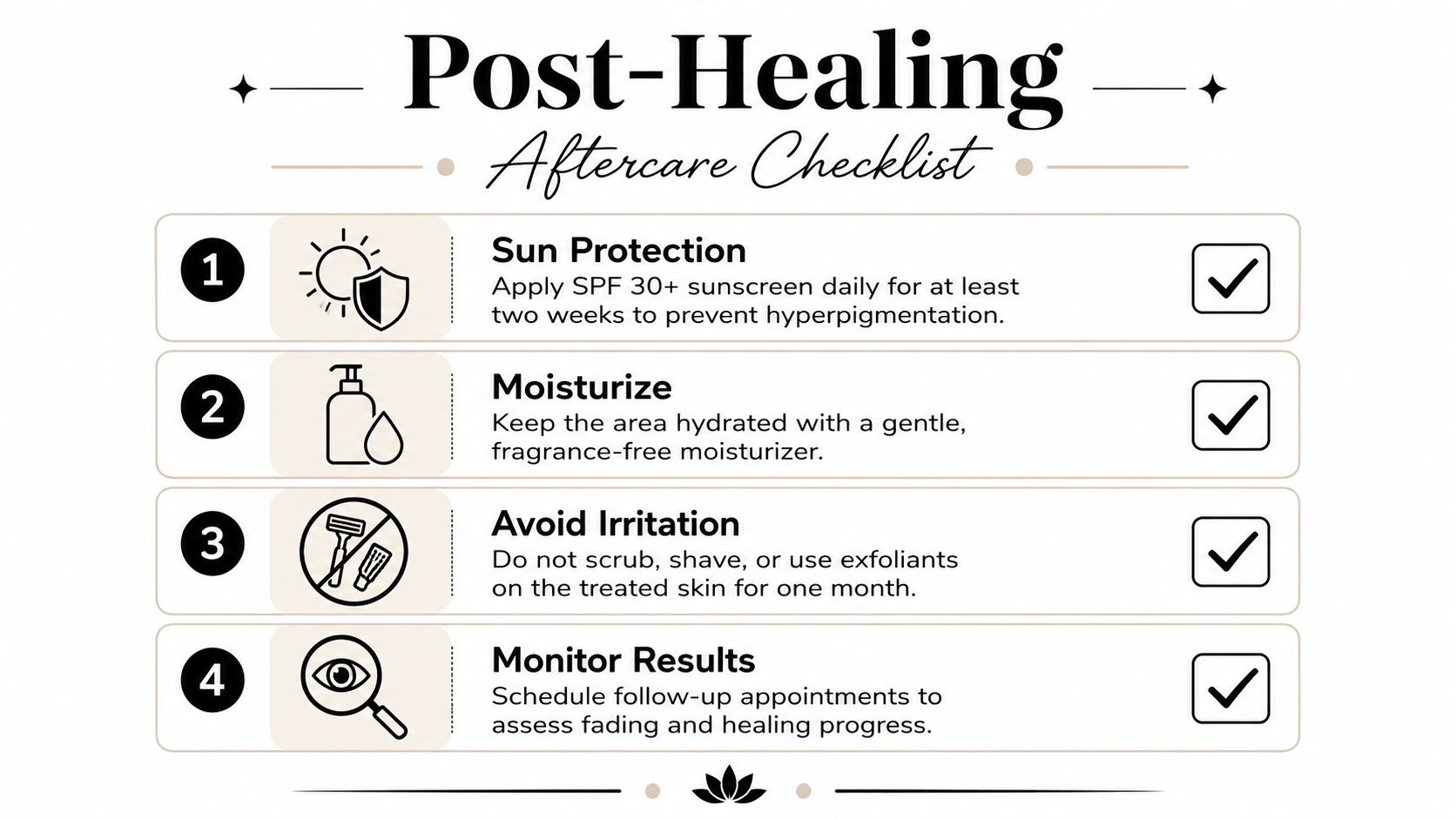 A Post-Healing Aftercare Checklist infographic for skin treatment with four steps including sun protection, moisturizing, avoiding irritation, and monitoring results.