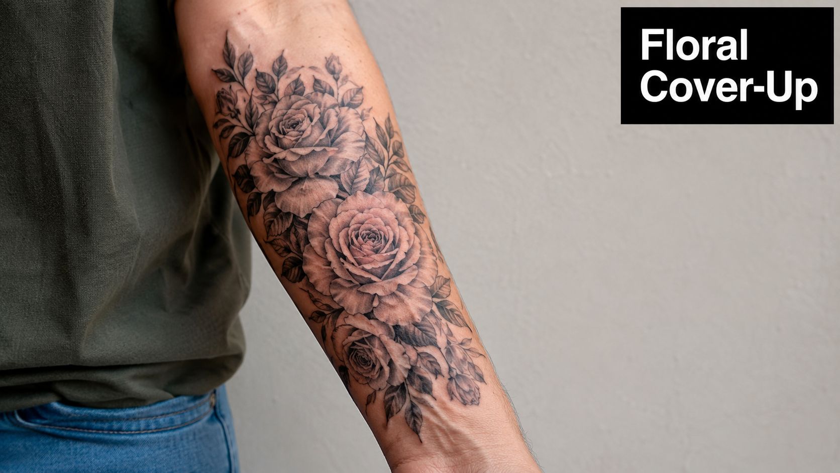 A detailed black and grey floral tattoo of roses covering the forearm of a person.