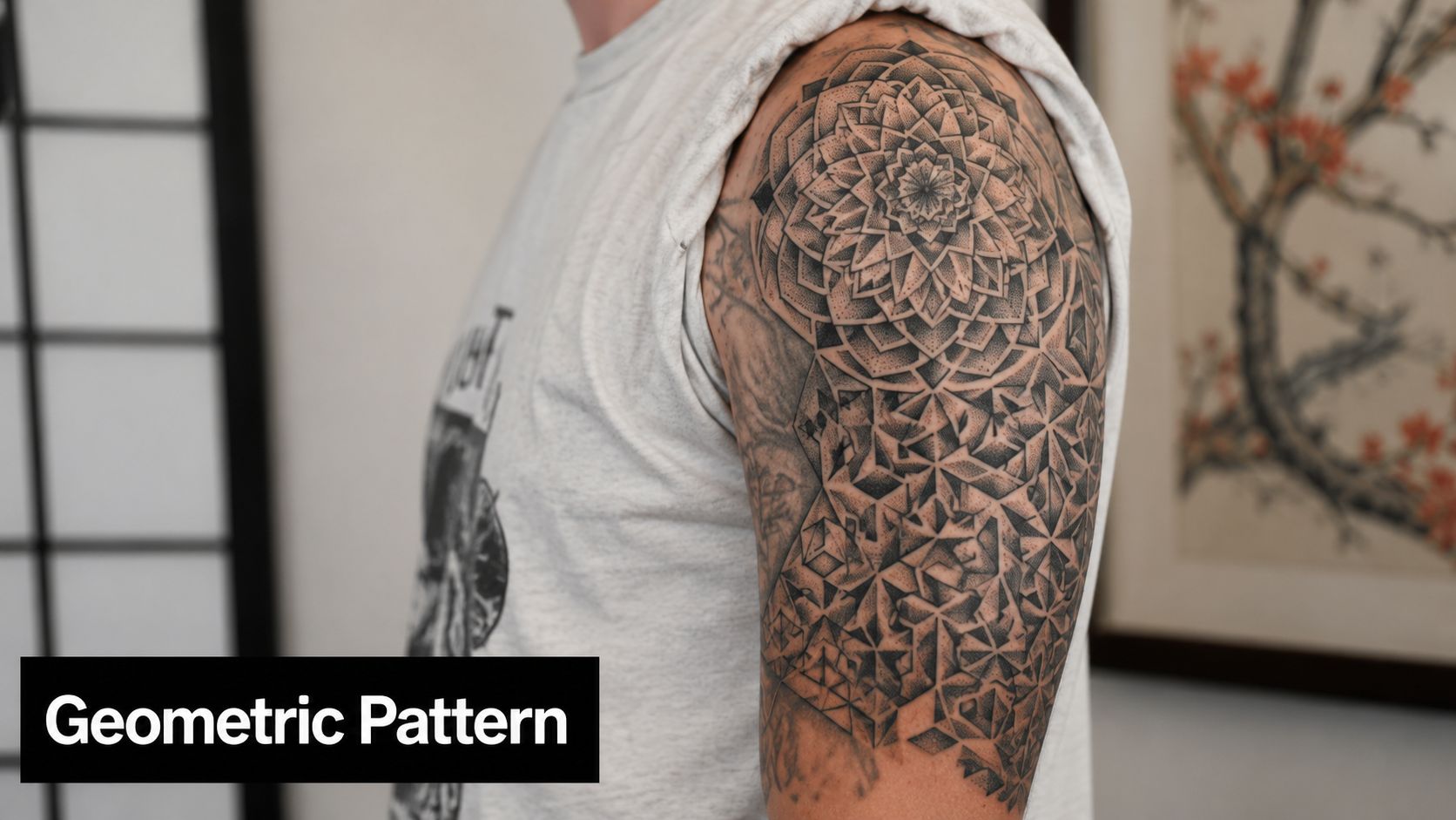 A close-up view of a person with a detailed mandala and geometric pattern arm tattoo.
