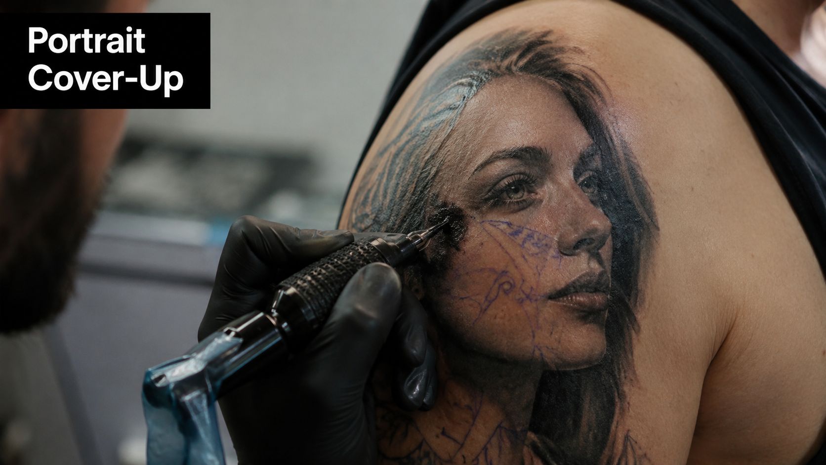 A professional tattoo artist in black gloves performing a detailed portrait cover-up tattoo on a client's shoulder.
