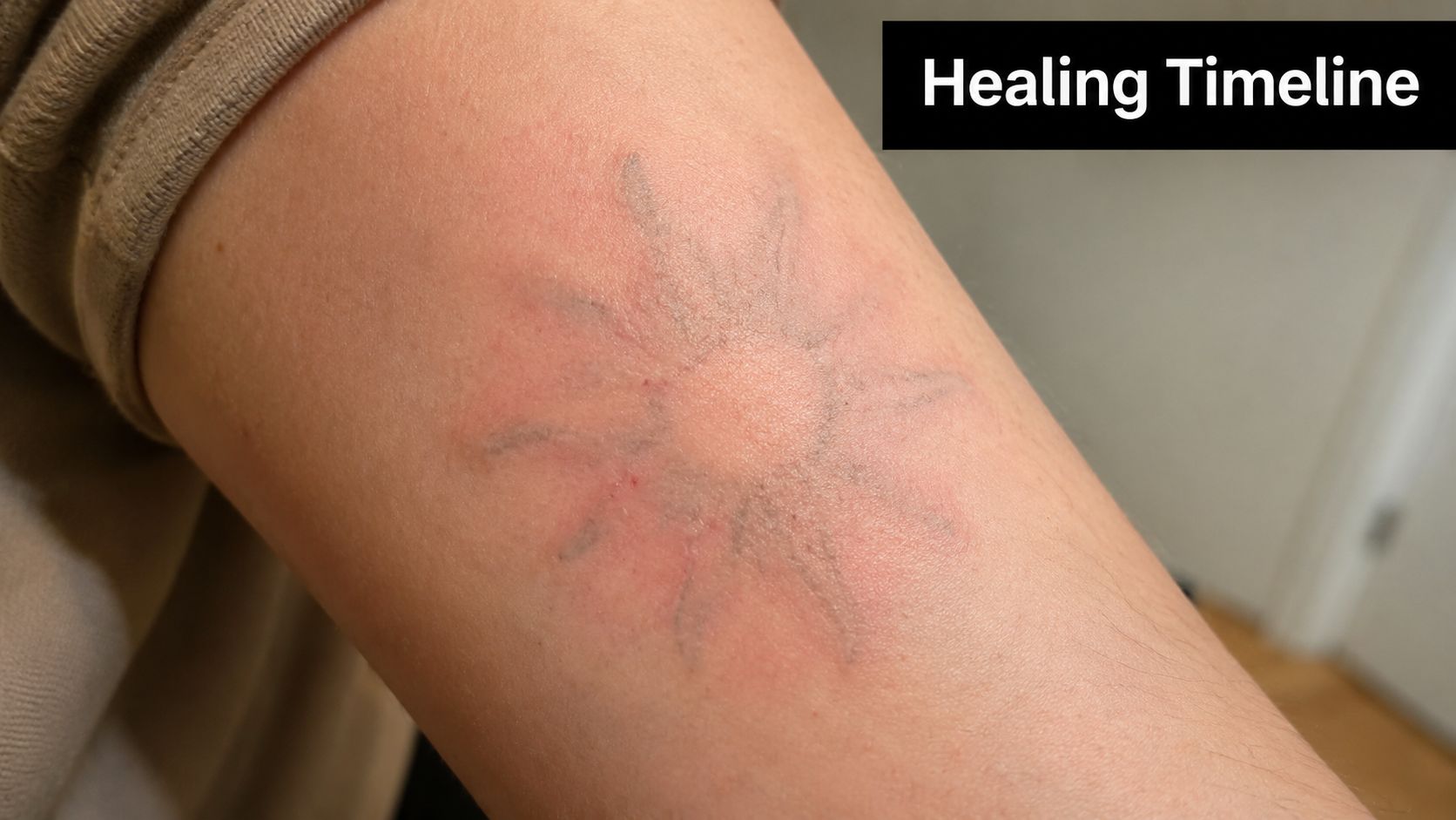 A close-up view of a fading sun tattoo on skin showing signs of redness and healing.