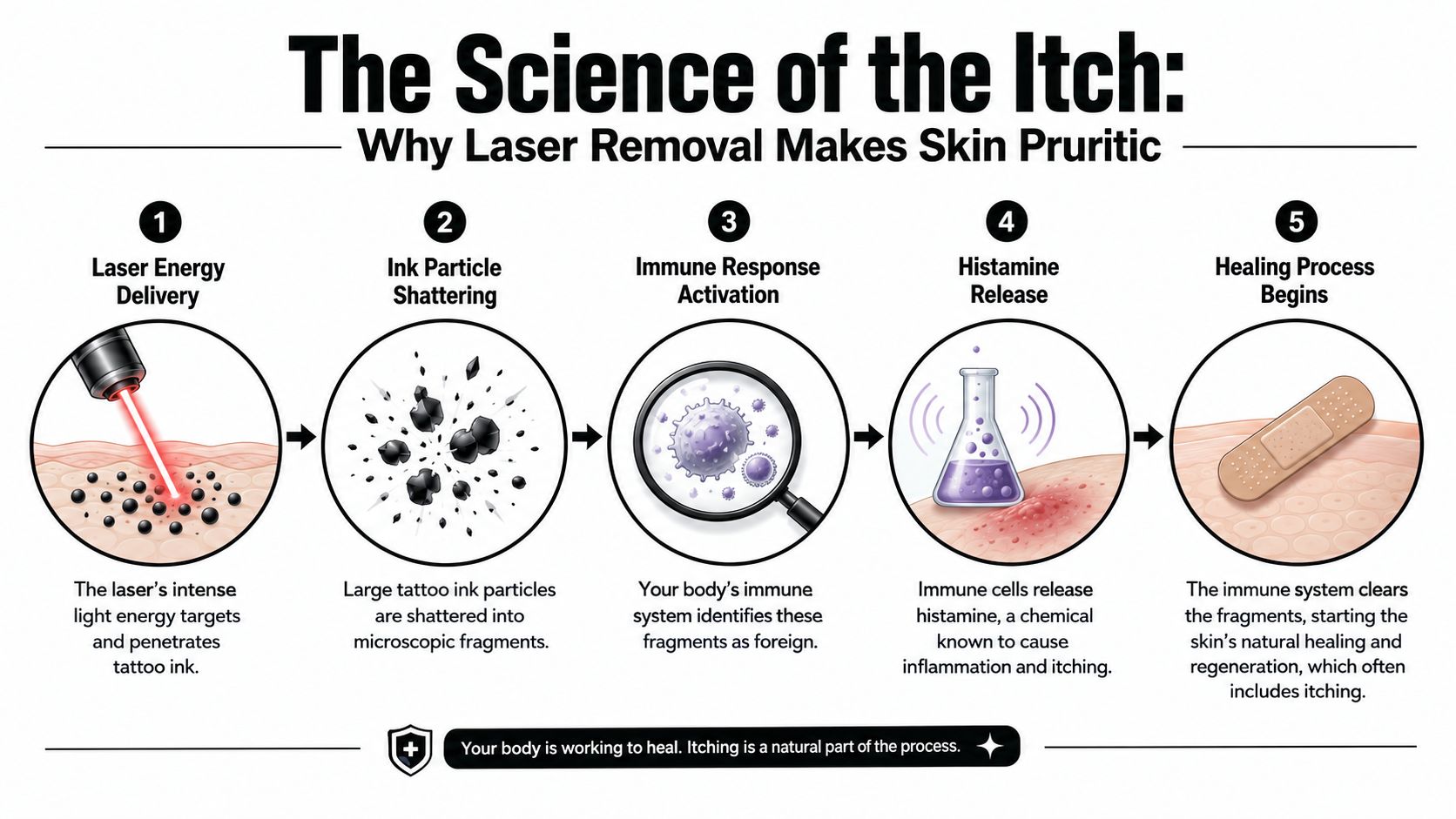 A five-step infographic showing how laser tattoo removal breaks down ink, triggering an immune response and itching.