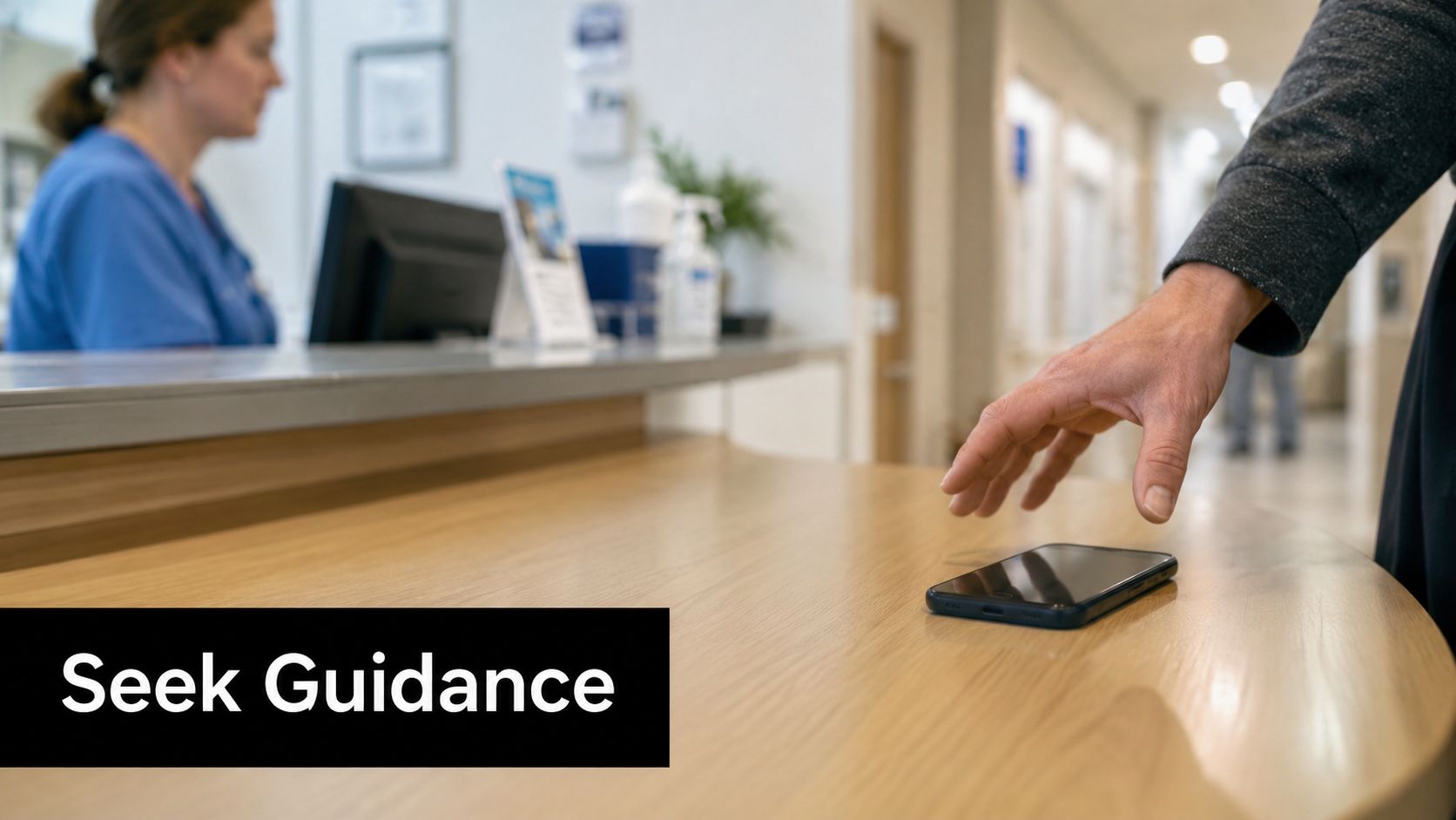 A person reaching their hand toward a smartphone placed on a wooden reception desk in an office.