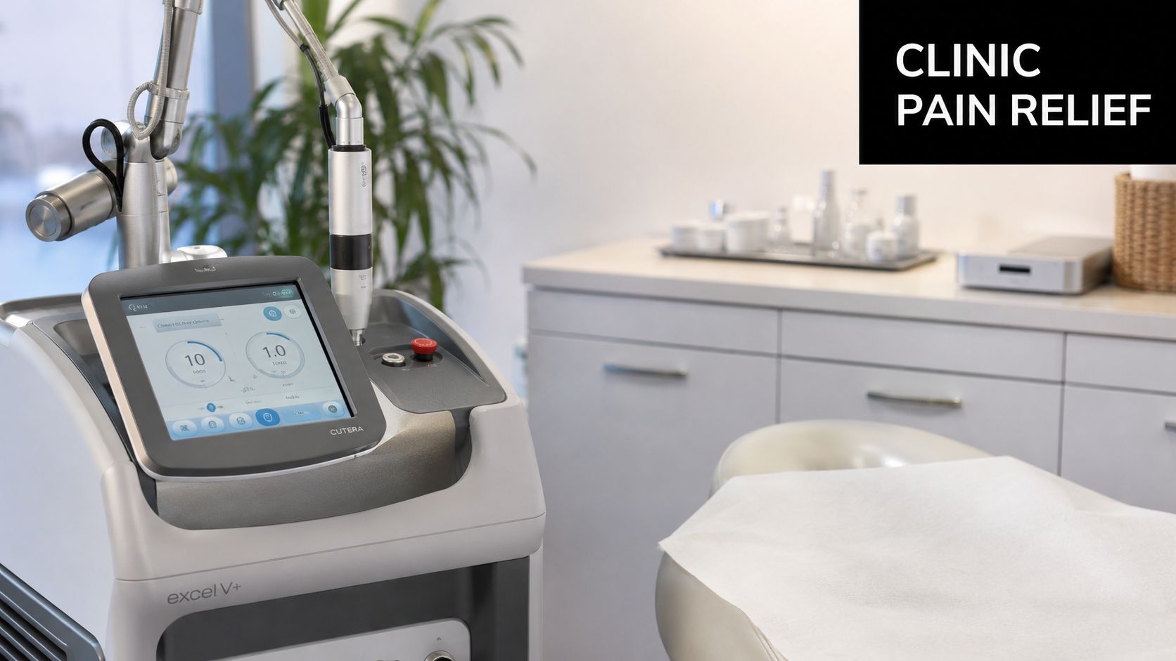 A professional laser therapy machine with a digital control screen positioned next to a medical treatment bed.