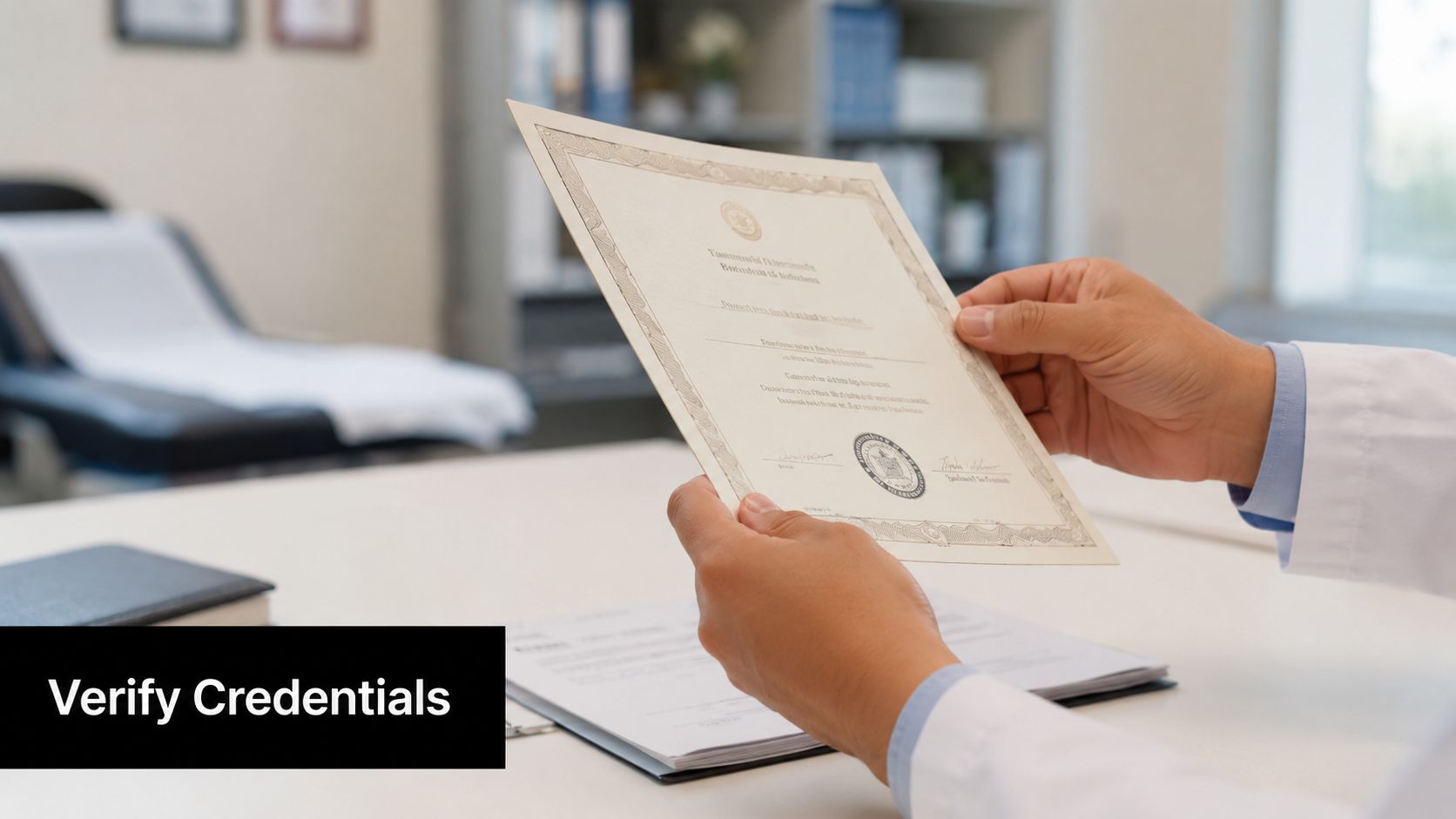 A doctor in a white coat carefully holding and reviewing a professional medical degree certificate.