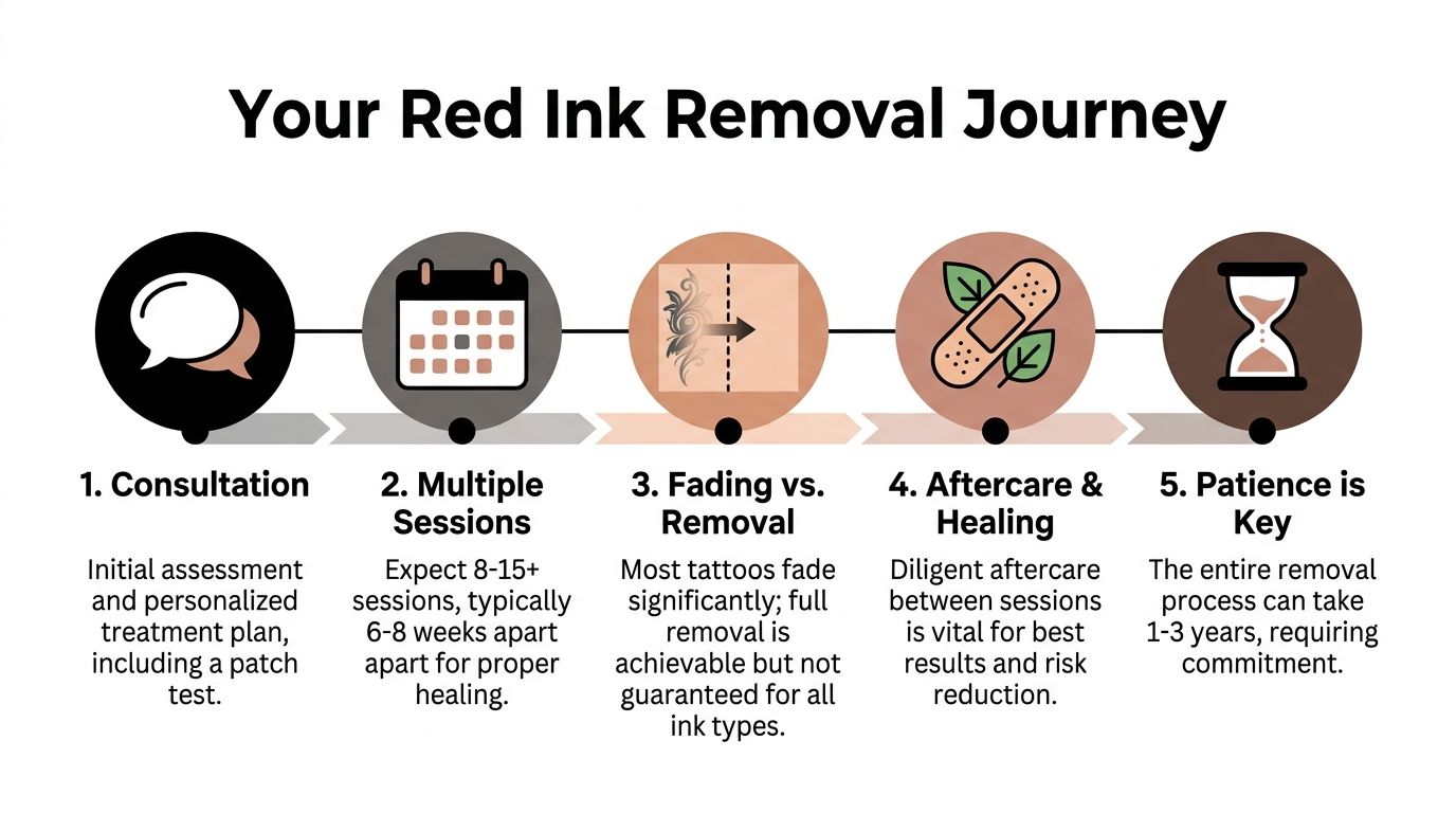A flowchart infographic outlining the five steps involved in the process of red tattoo ink removal.