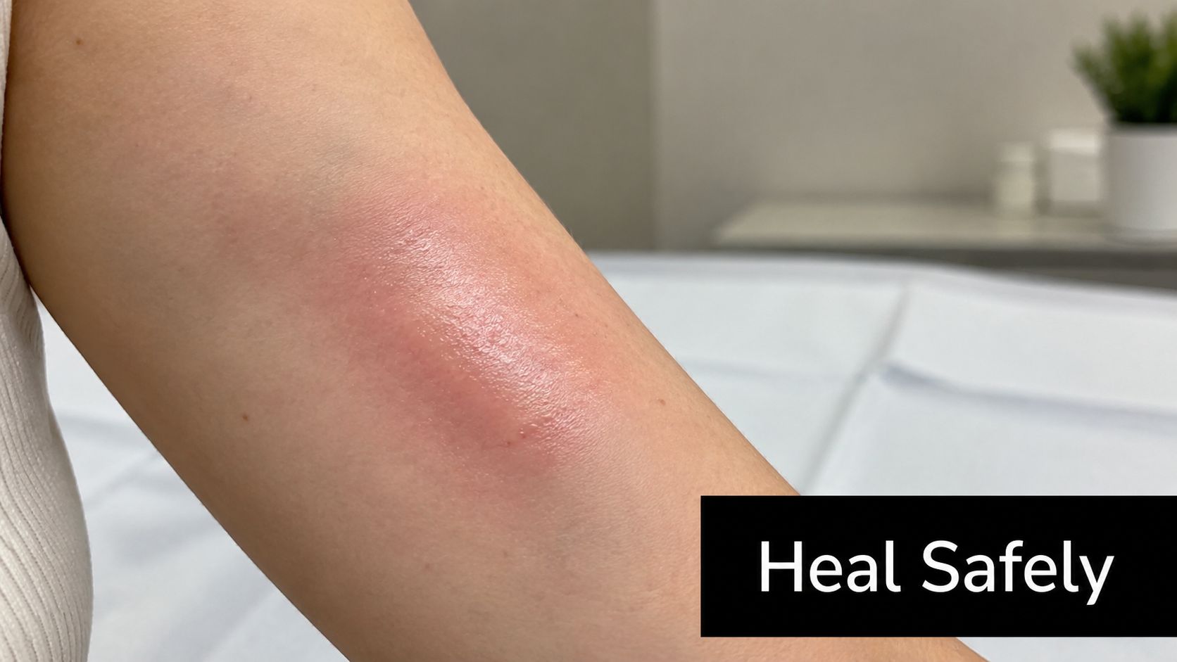 Close-up of a person's upper arm showing a red, swollen, and irritated area of skin.