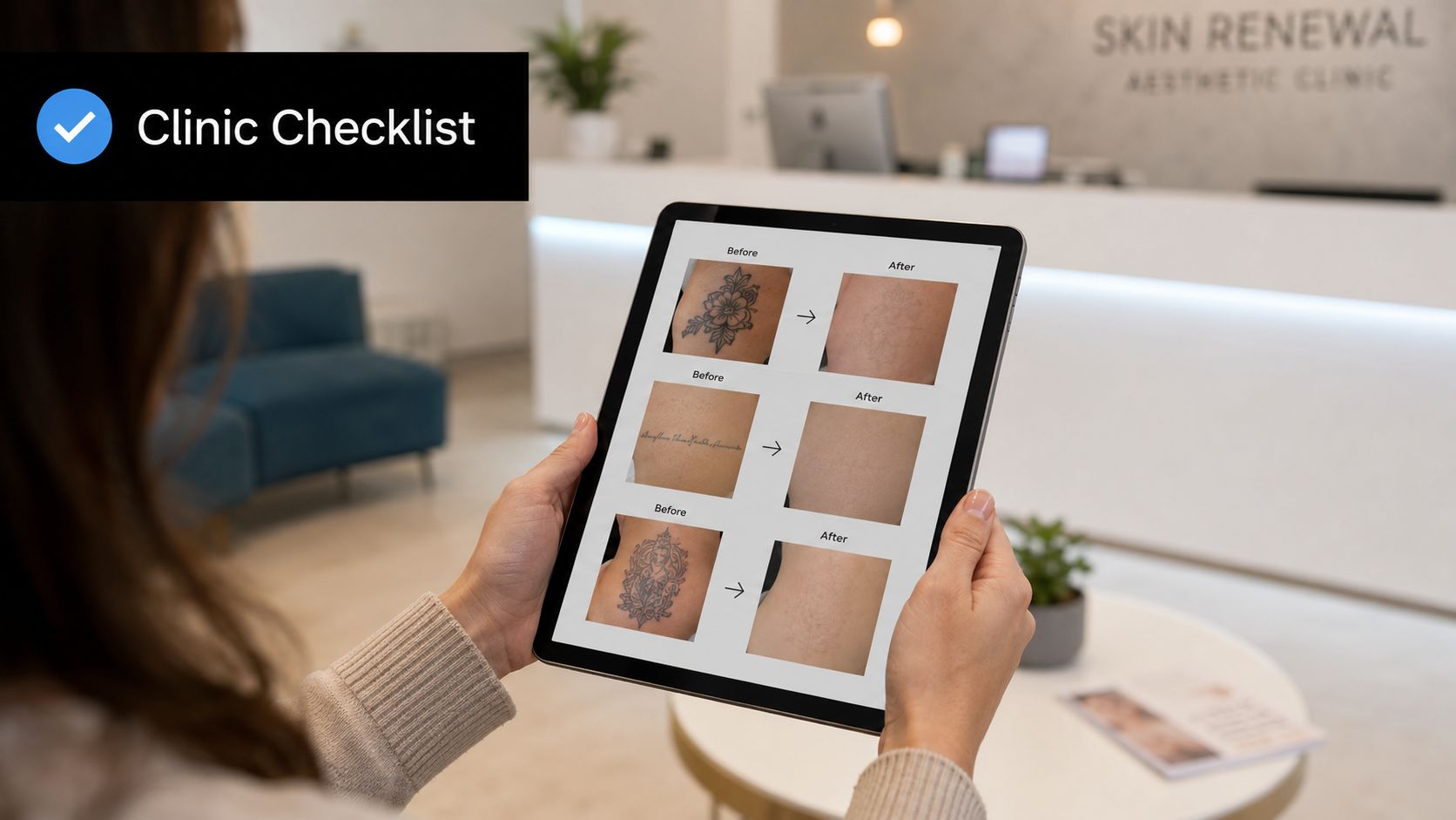 A person holds a tablet displaying before and after photos showing successful tattoo removal results.