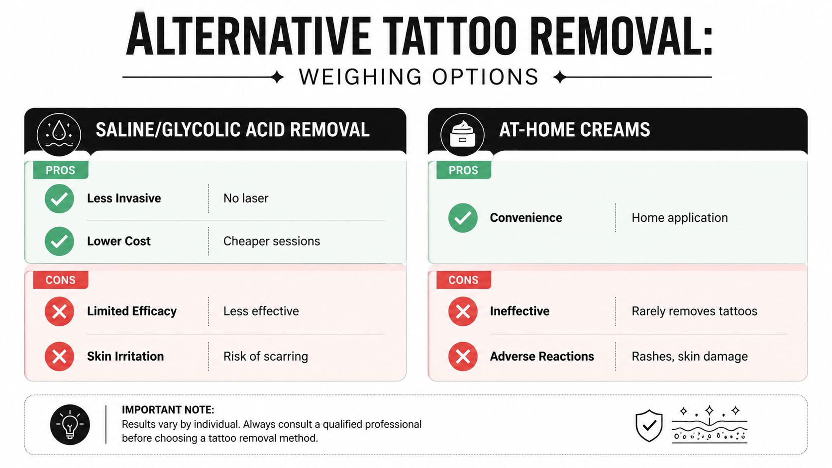 A comparison chart outlining the pros and cons of saline/glycolic acid and at-home tattoo removal methods.