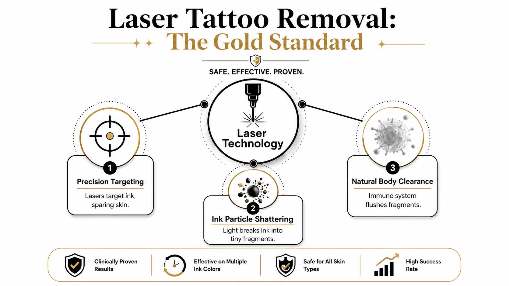 An infographic showing the three steps of laser tattoo removal: precision targeting, ink particle shattering, and body clearance.