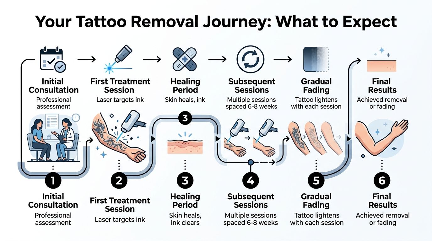 An infographic detailing the tattoo removal process from initial consultation to final results in six stages.