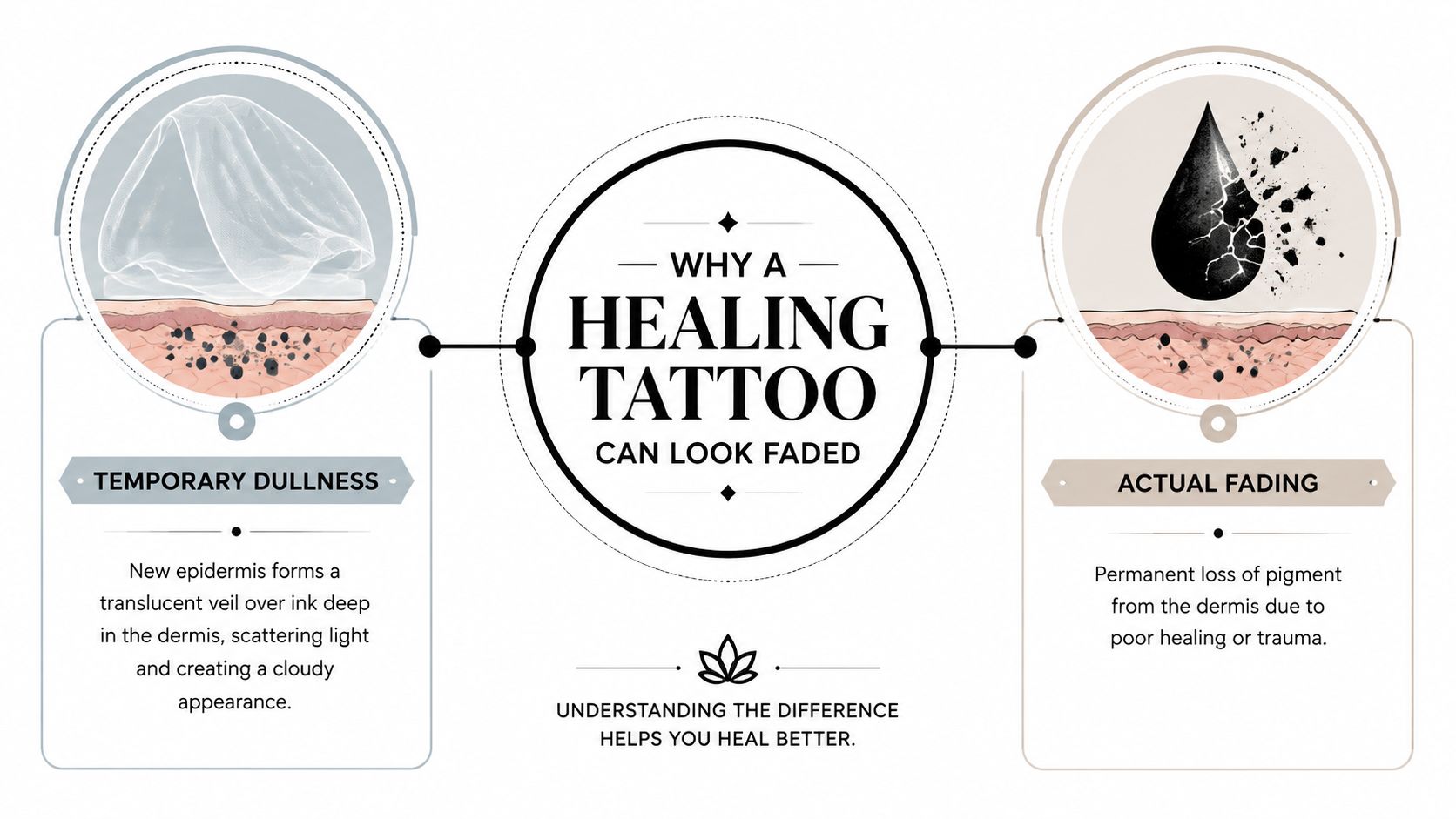 An educational infographic explaining the difference between temporary healing dullness and permanent tattoo pigment loss.