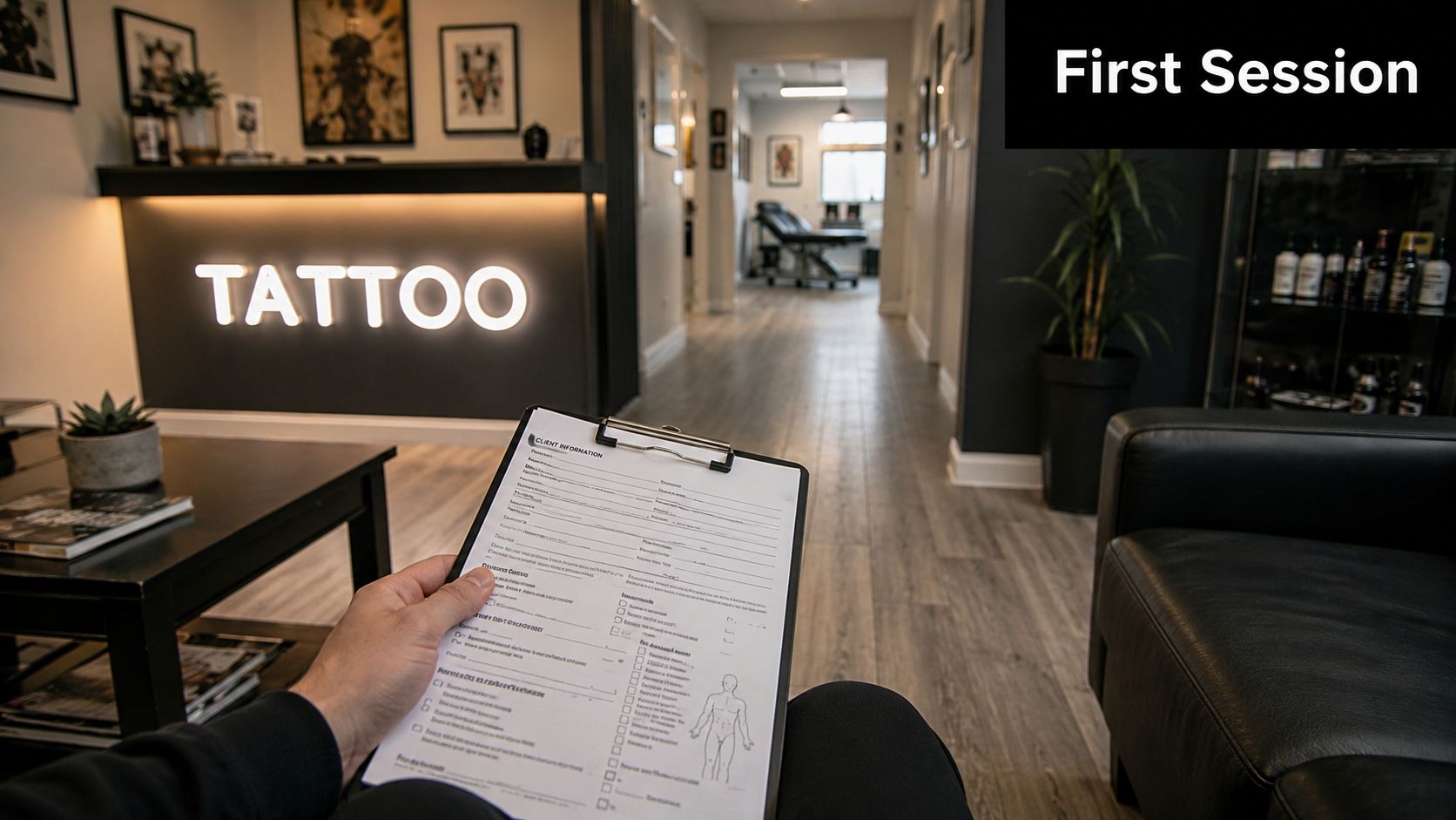 A person holding a clipboard with client information forms inside a modern, professional tattoo studio waiting area.