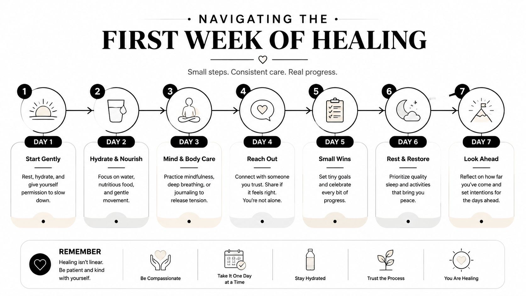 A seven day plan infographic titled Navigating the First Week of Healing with daily self-care suggestions.