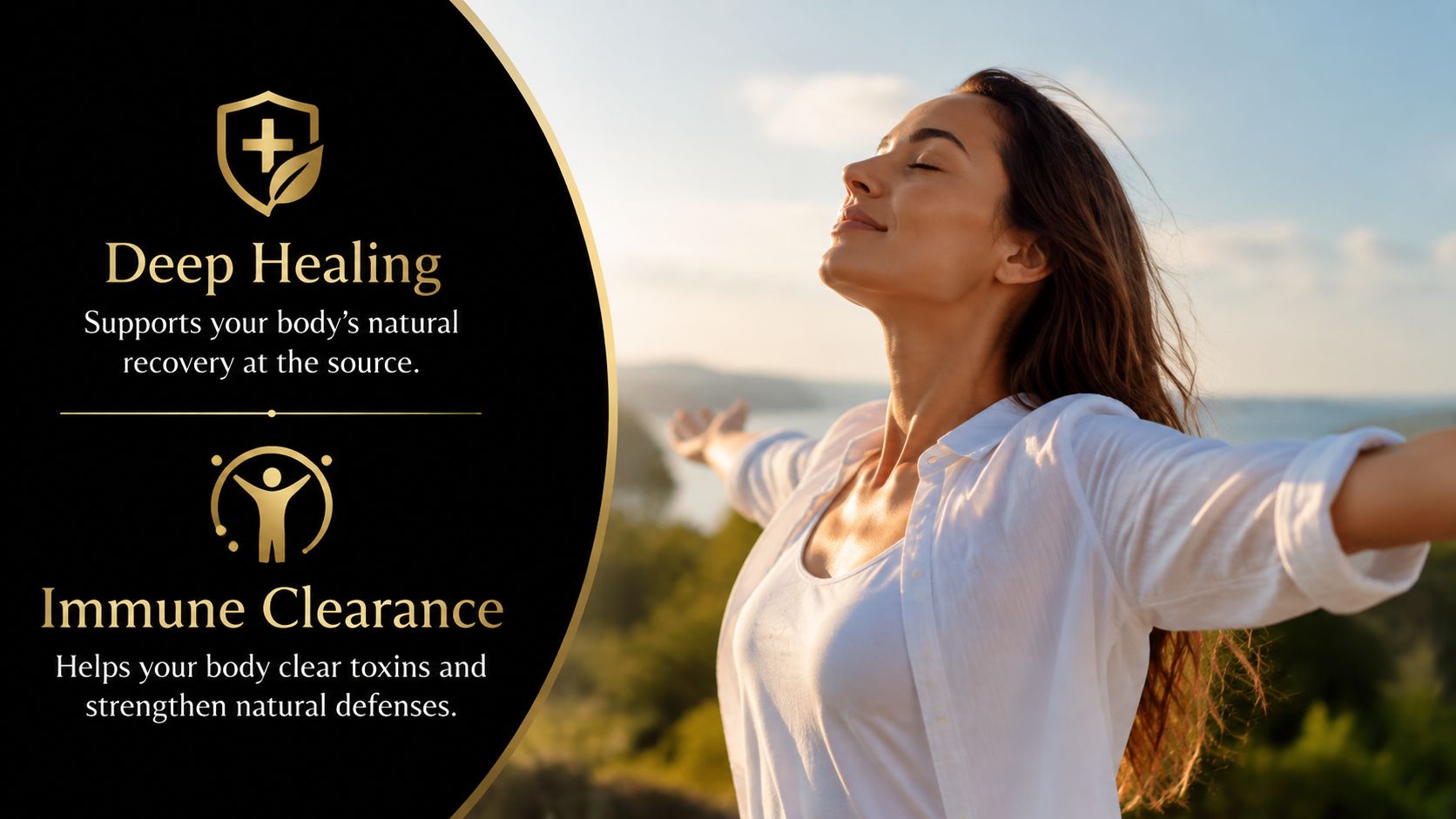 A woman standing with arms wide open outdoors with text describing deep healing and immune clearance benefits.