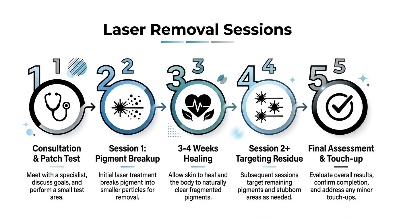 A five-step infographic showing the professional process of laser tattoo removal from consultation to final assessment.