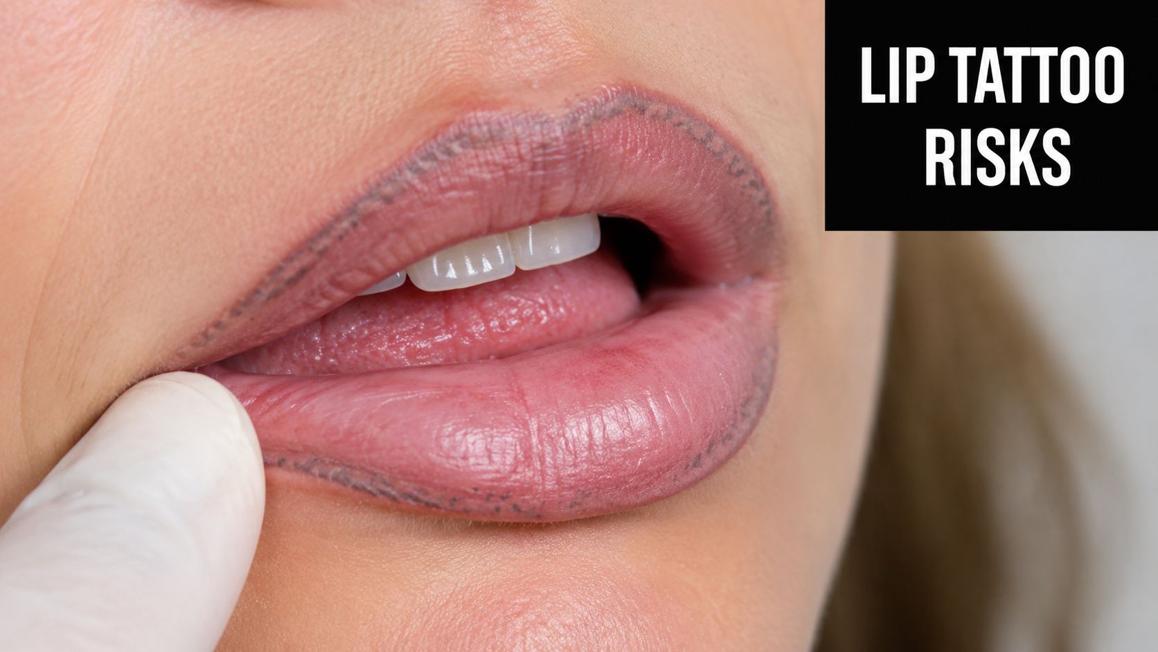 A close-up view of a person's lips showing a tattoo outline, representing lip tattoo risks.