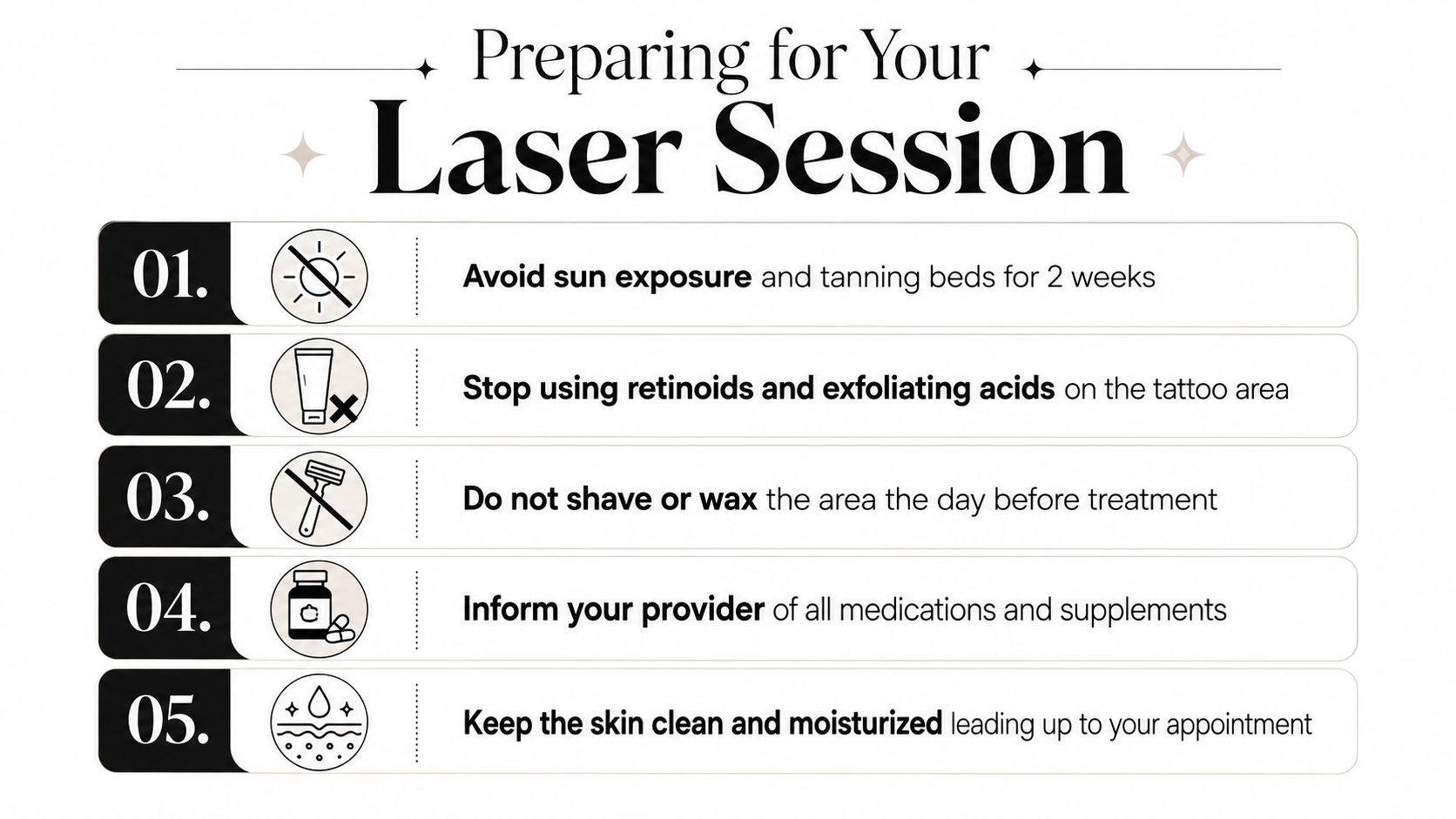 An infographic titled Preparing for Your Laser Session listing five essential pre-care steps for tattoo removal.