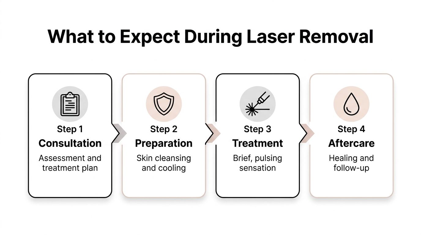 A four-step infographic explaining the process of laser tattoo removal from initial consultation to aftercare.