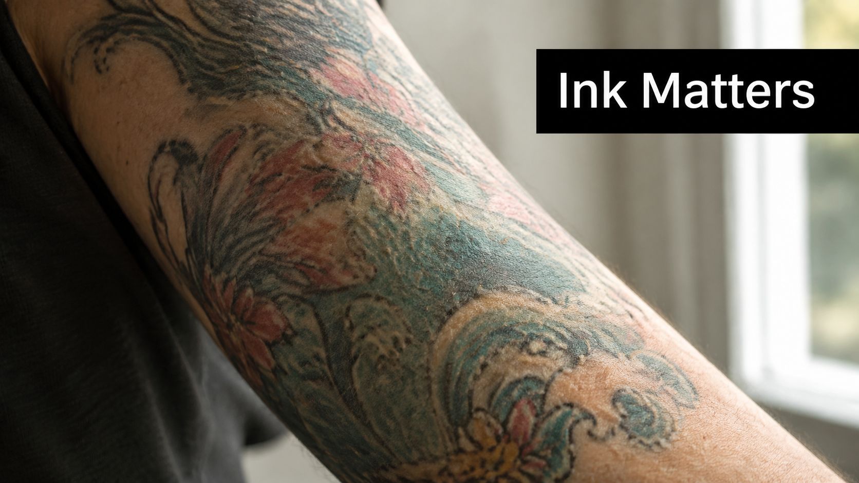 A close-up view of a person's tattooed arm with visible dry and peeling skin healing.