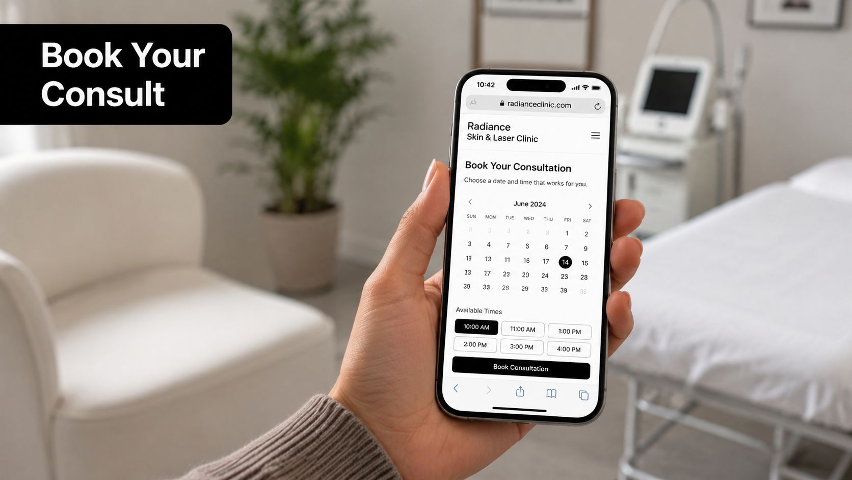 A person holding a smartphone displaying an online booking interface for a skin and laser clinic.