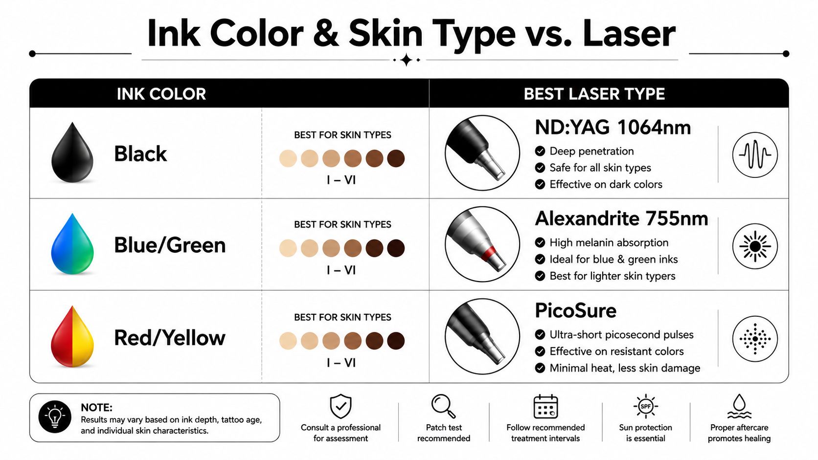 A chart comparing tattoo ink colors, skin types, and the most effective laser removal technologies used.