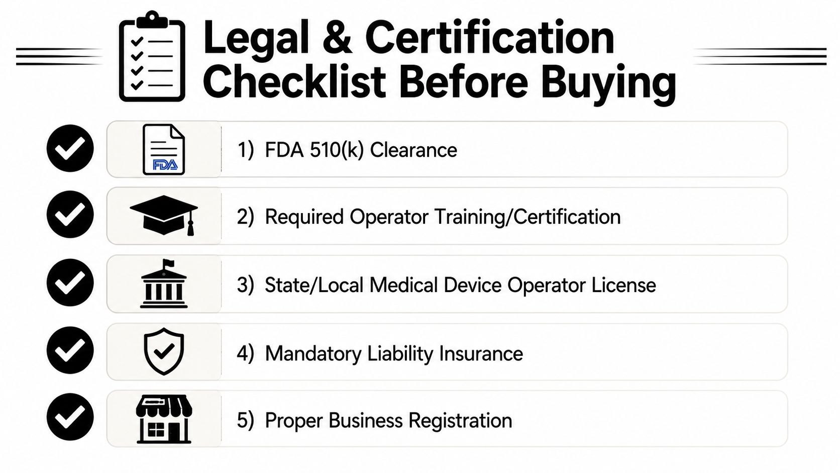 A checklist for legal and certification requirements to consider before purchasing medical devices for tattoo removal.
