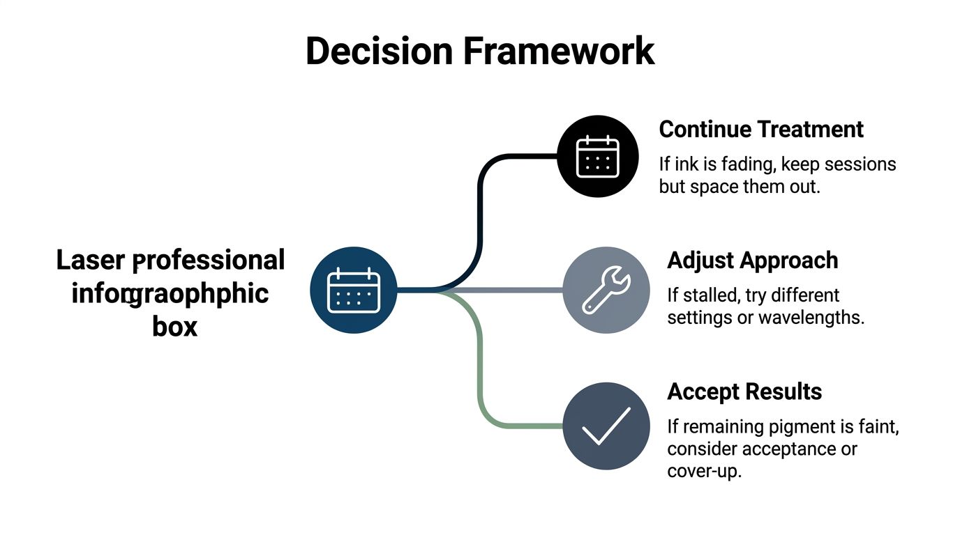 A decision framework flow chart for laser professionals to determine next steps when tattoo removal progress stalls.