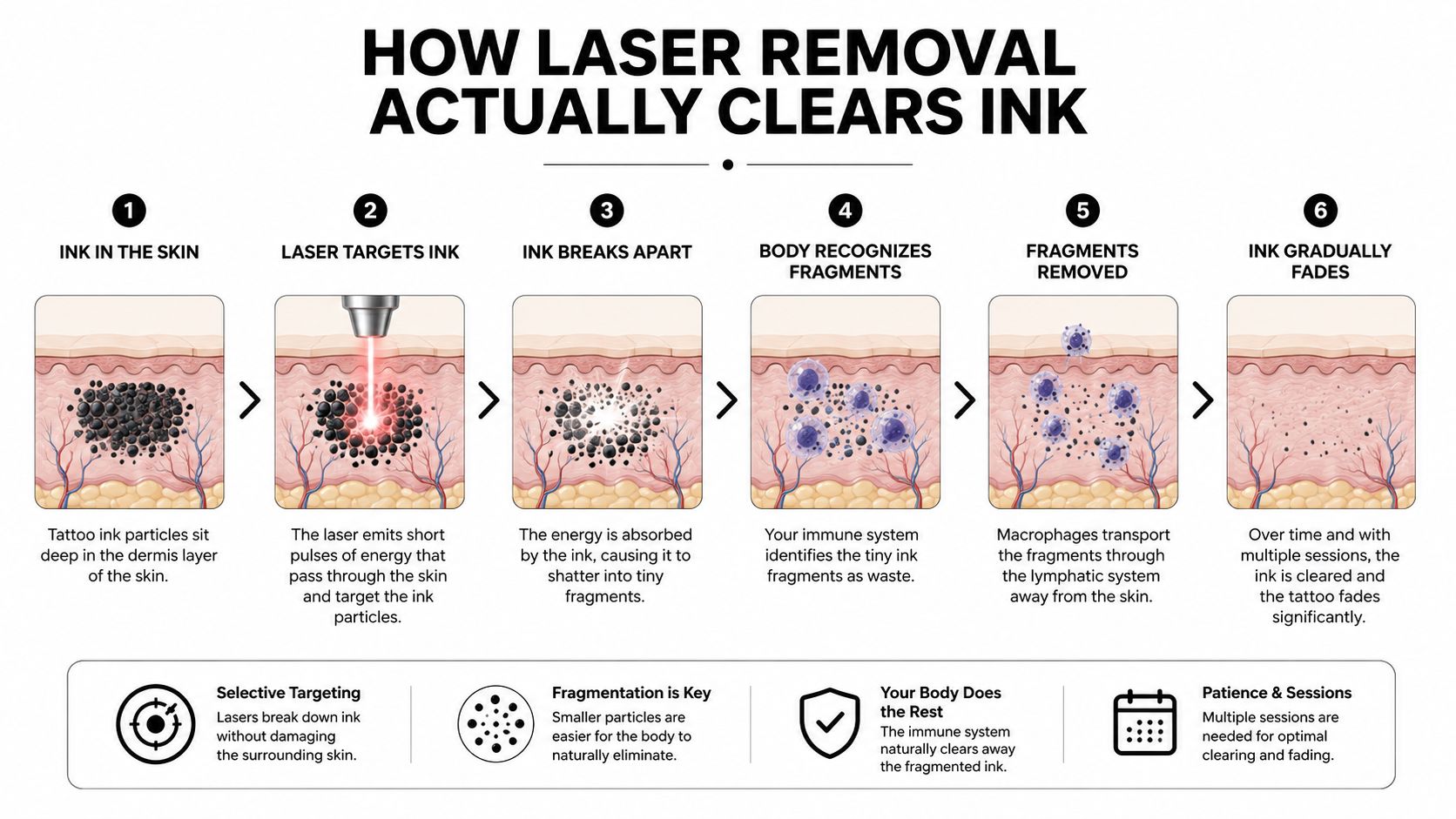 An infographic showing the six-step biological process of how laser technology breaks down and removes tattoo ink.