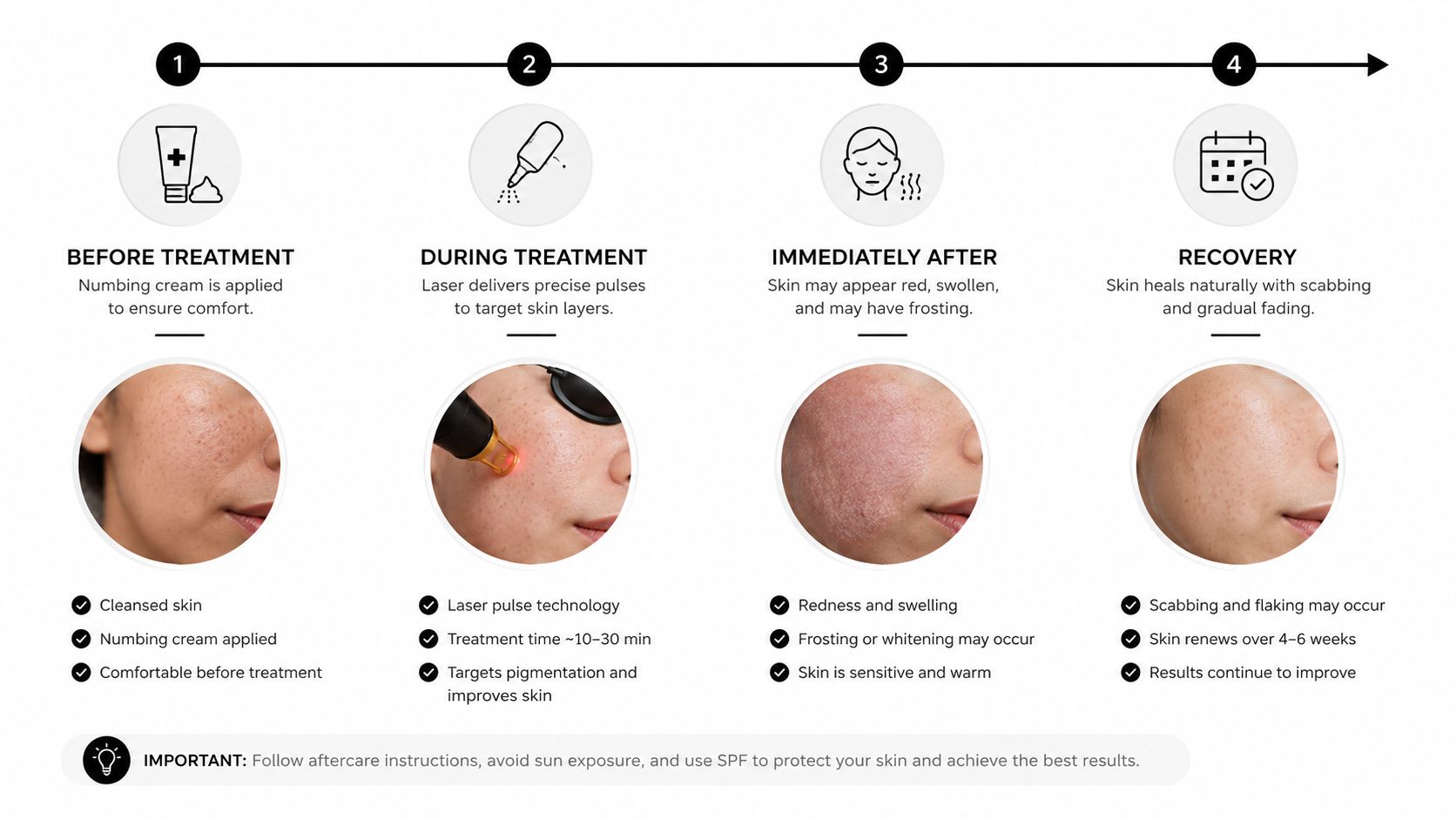 A four-step infographic illustrating the laser skin treatment process from preparation and application to recovery.