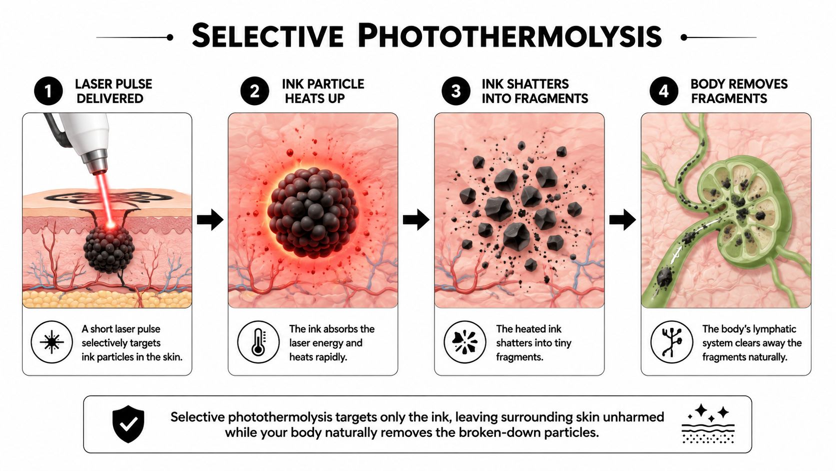 A four-step infographic explaining the selective photothermolysis process used for professional laser tattoo removal from the skin.