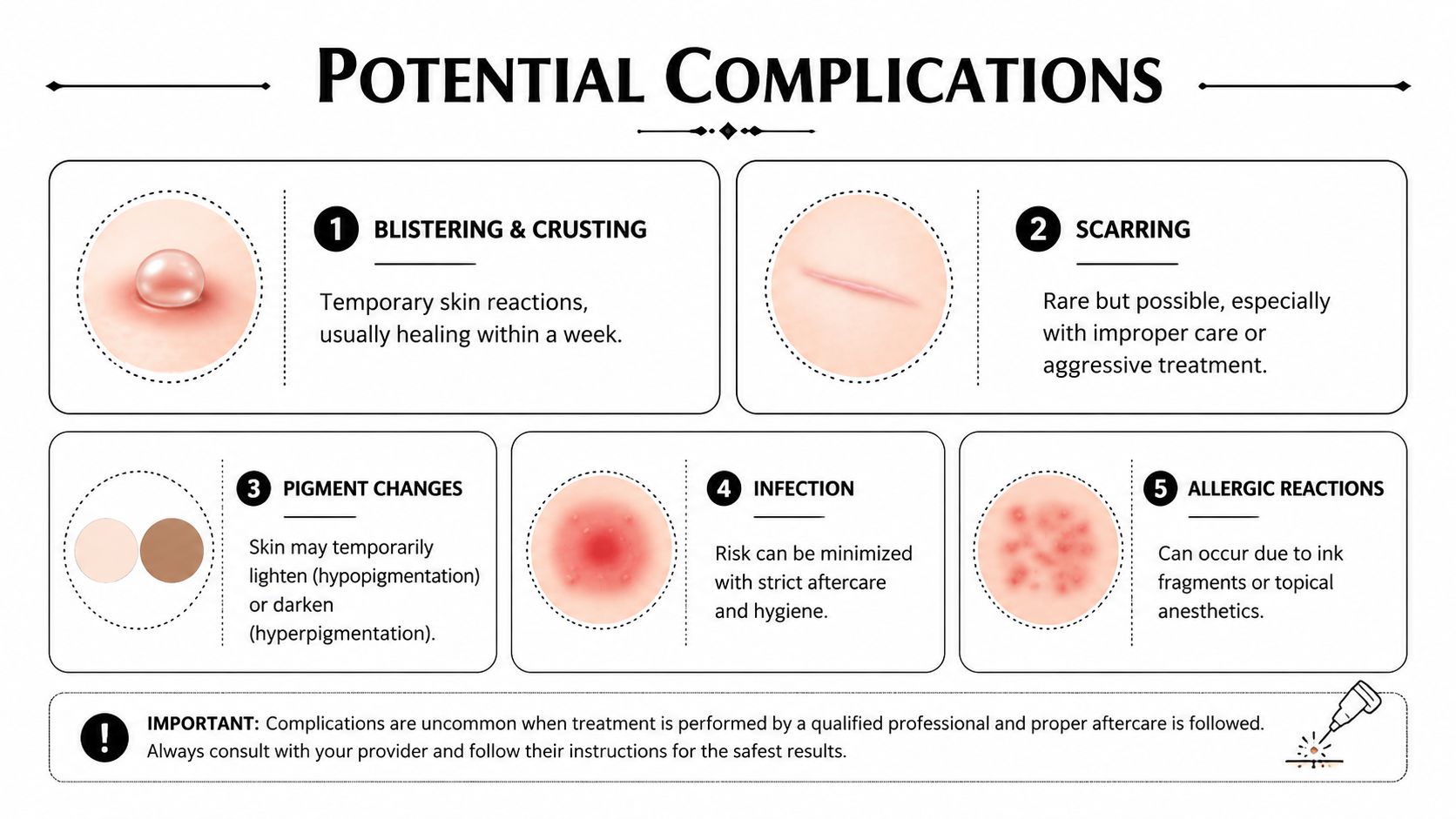 An infographic detailing potential side effects and complications associated with laser tattoo removal procedures for patient education.