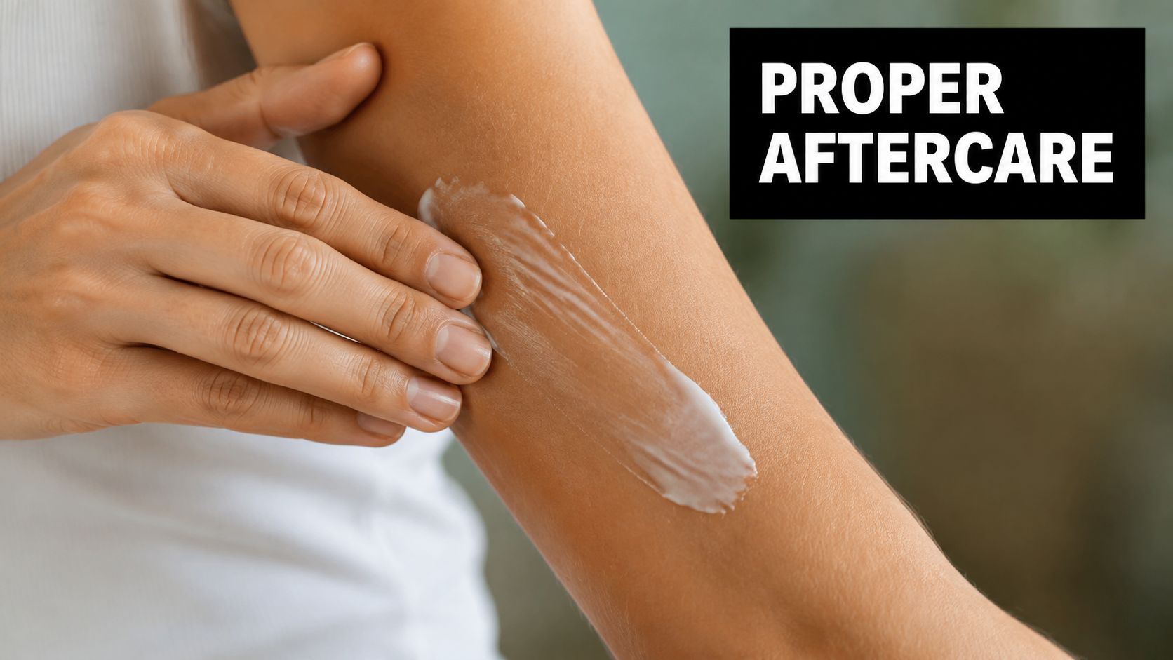 A person applying moisturizing cream to their forearm, focusing on proper aftercare for skin health.