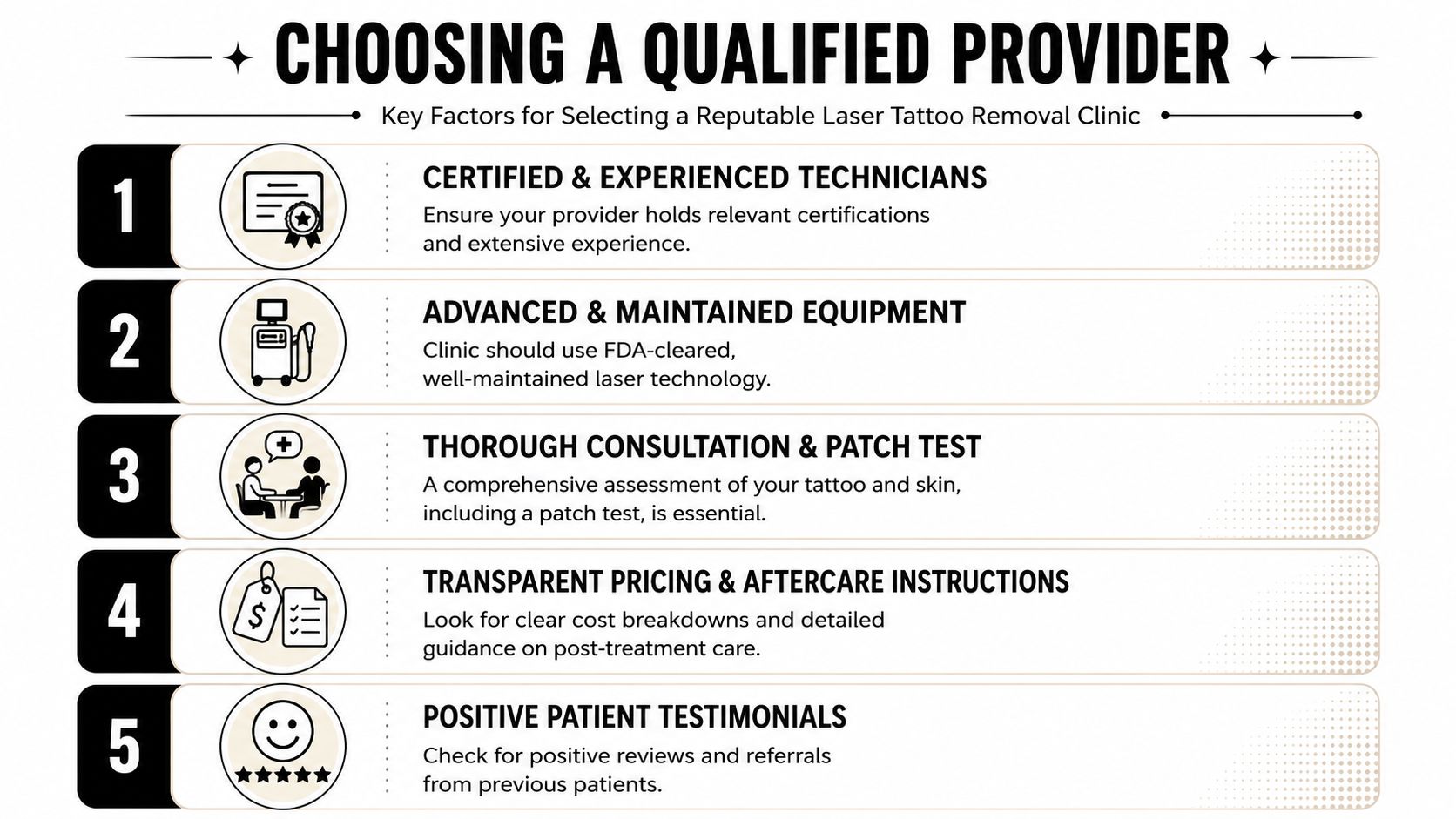 An infographic titled Choosing a Qualified Provider listing five essential factors for selecting a laser tattoo removal clinic.
