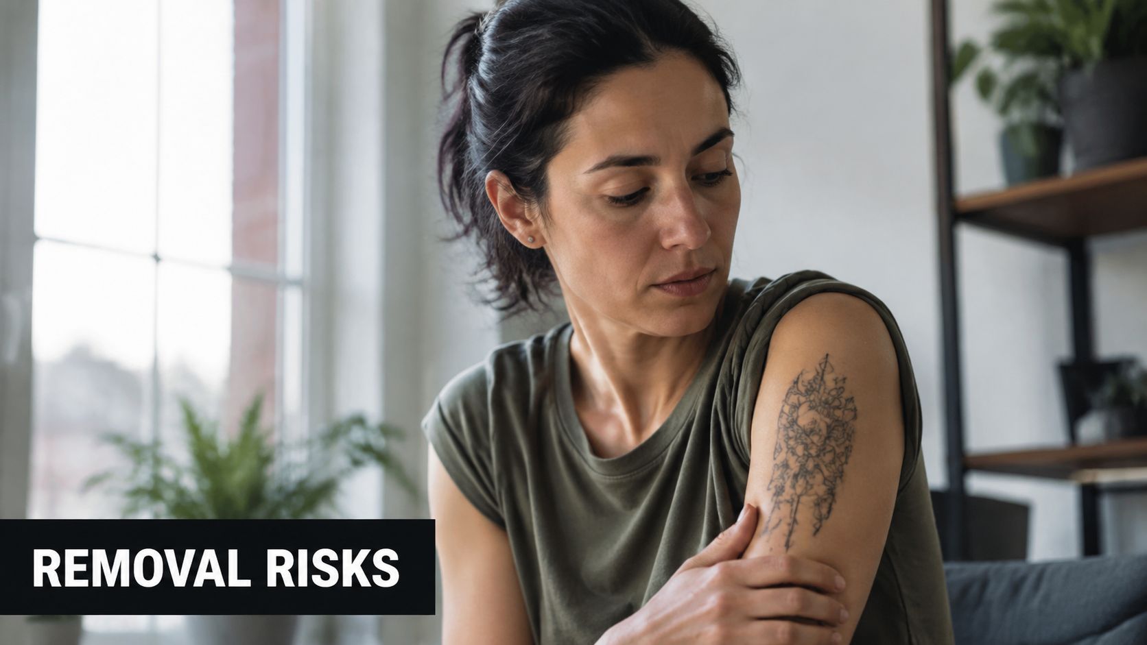 A concerned woman looking down at a detailed tattoo on her arm, contemplating professional tattoo removal options.