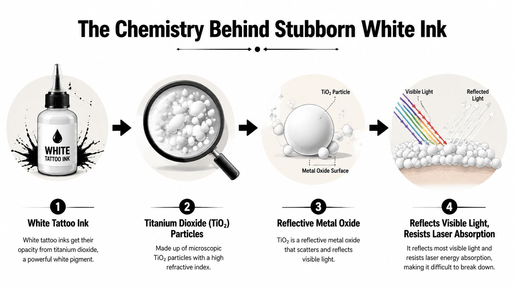 A diagram explaining why white tattoo ink is difficult to remove due to titanium dioxide properties.