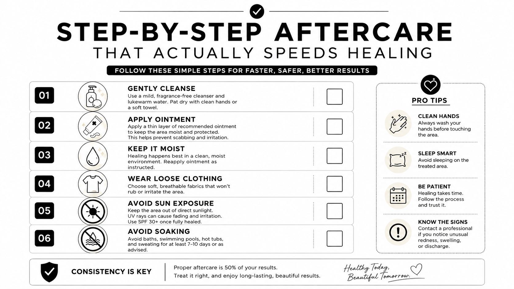 A step-by-step infographic guide detailing professional aftercare instructions for healing procedures like tattoos or cosmetic treatments.