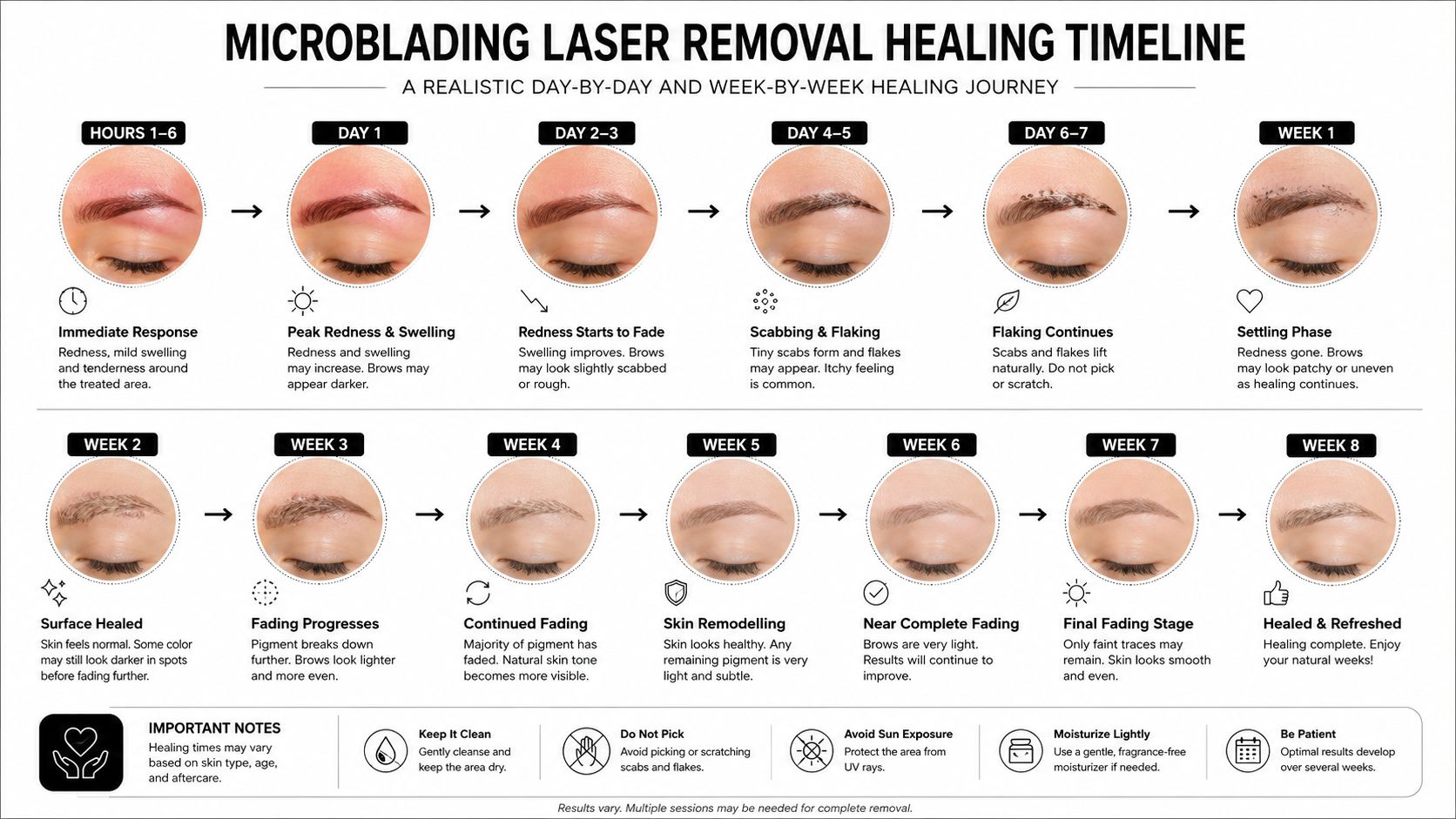 A detailed timeline infographic illustrating the day-by-day and week-by-week healing stages of laser microblading removal.