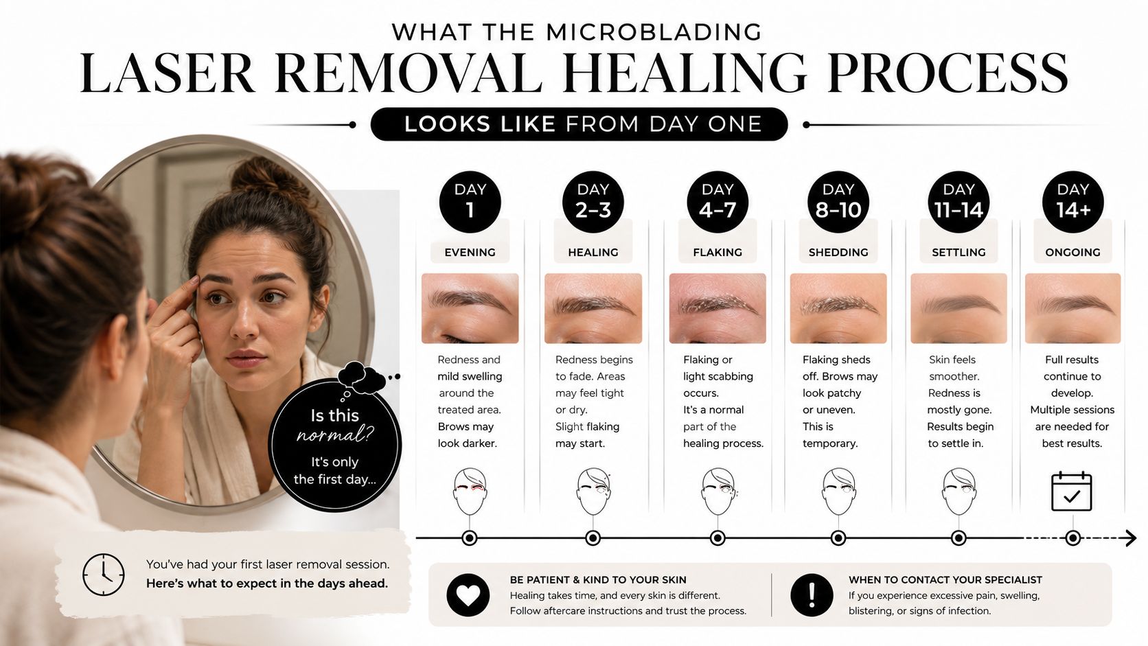 A detailed infographic timeline showing the stages of the microblading laser removal healing process from day one.